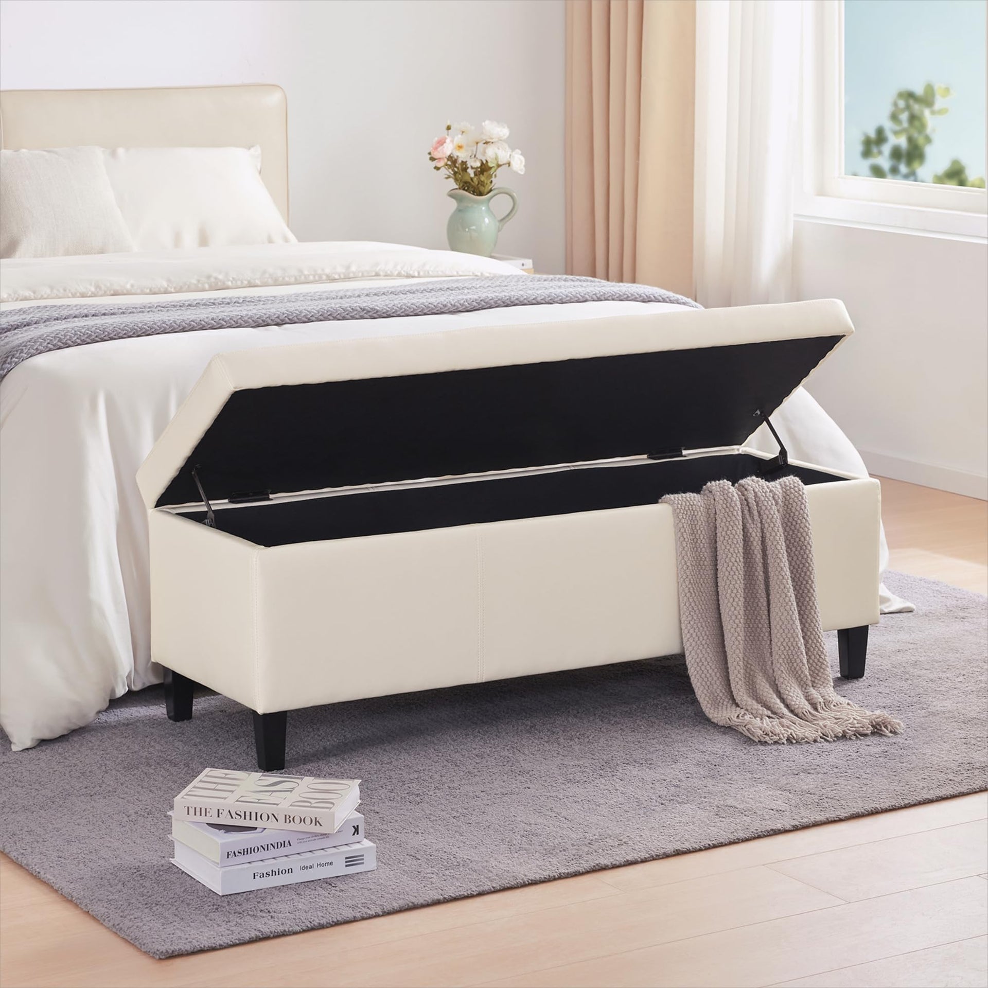 Faux Leather Storage Ottoman Bench 50.3 inch Extra Long Upholstered Bedroom Bench with Large Storage Space for The Living Room