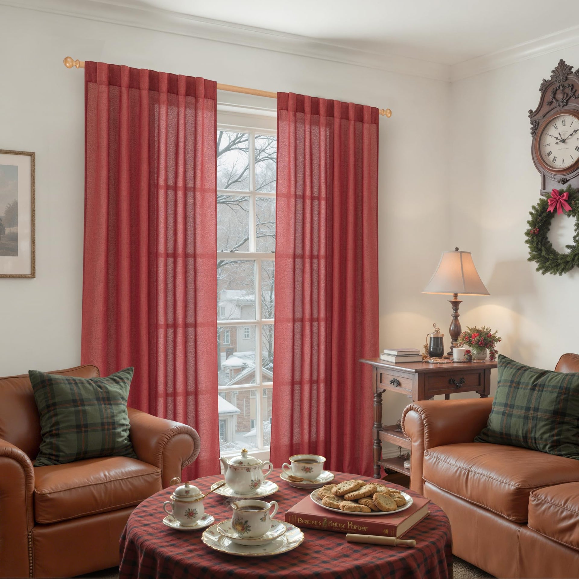 Burgundy Red Linen Curtains 84 Inch Length for Living Room Deocr (2 Count)