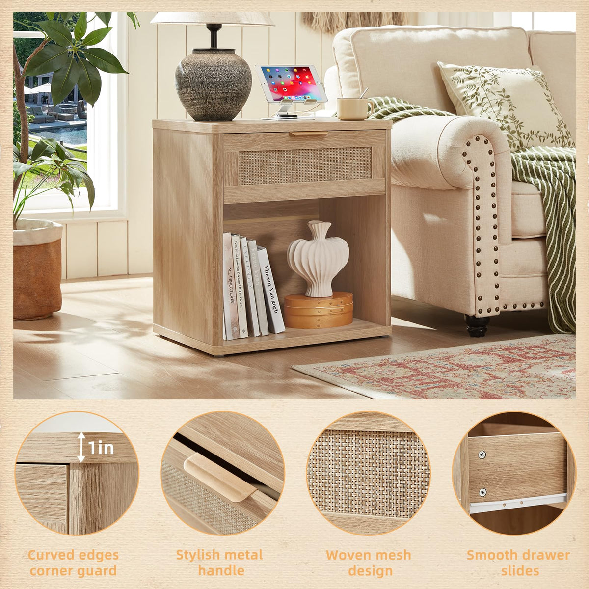 Rattan Nightstands Set of 2 with Charging Station (2 Count)