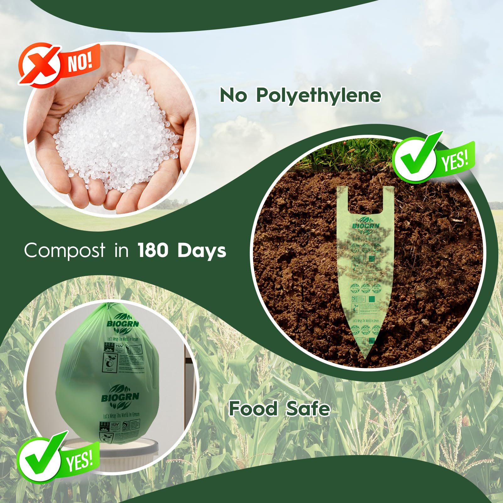 10 13 Gallon Compostable Trash Bags with Handles Tie 30 Bags Biodegradable Garbage Bags Food Scrap Green Waste Bags Thick 0.87 Mil 49.21 Liter ASTM D6400 (30 Count)