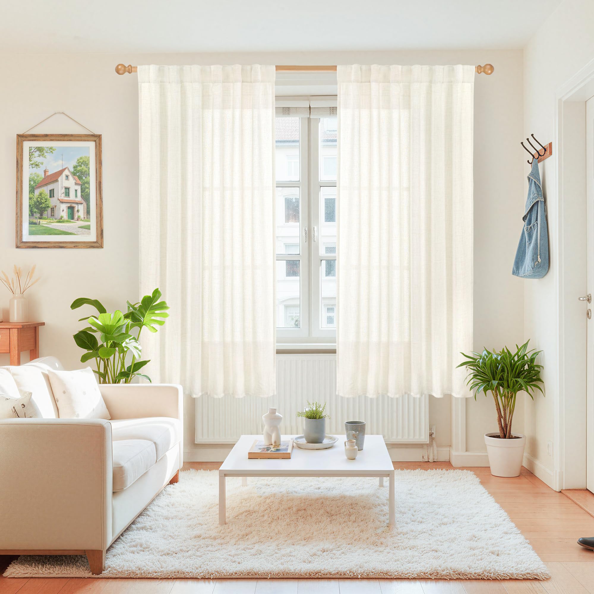 Ivory Linen Semi Sheer Curtains 52X63 Inch Length for Living Room (2 Count)