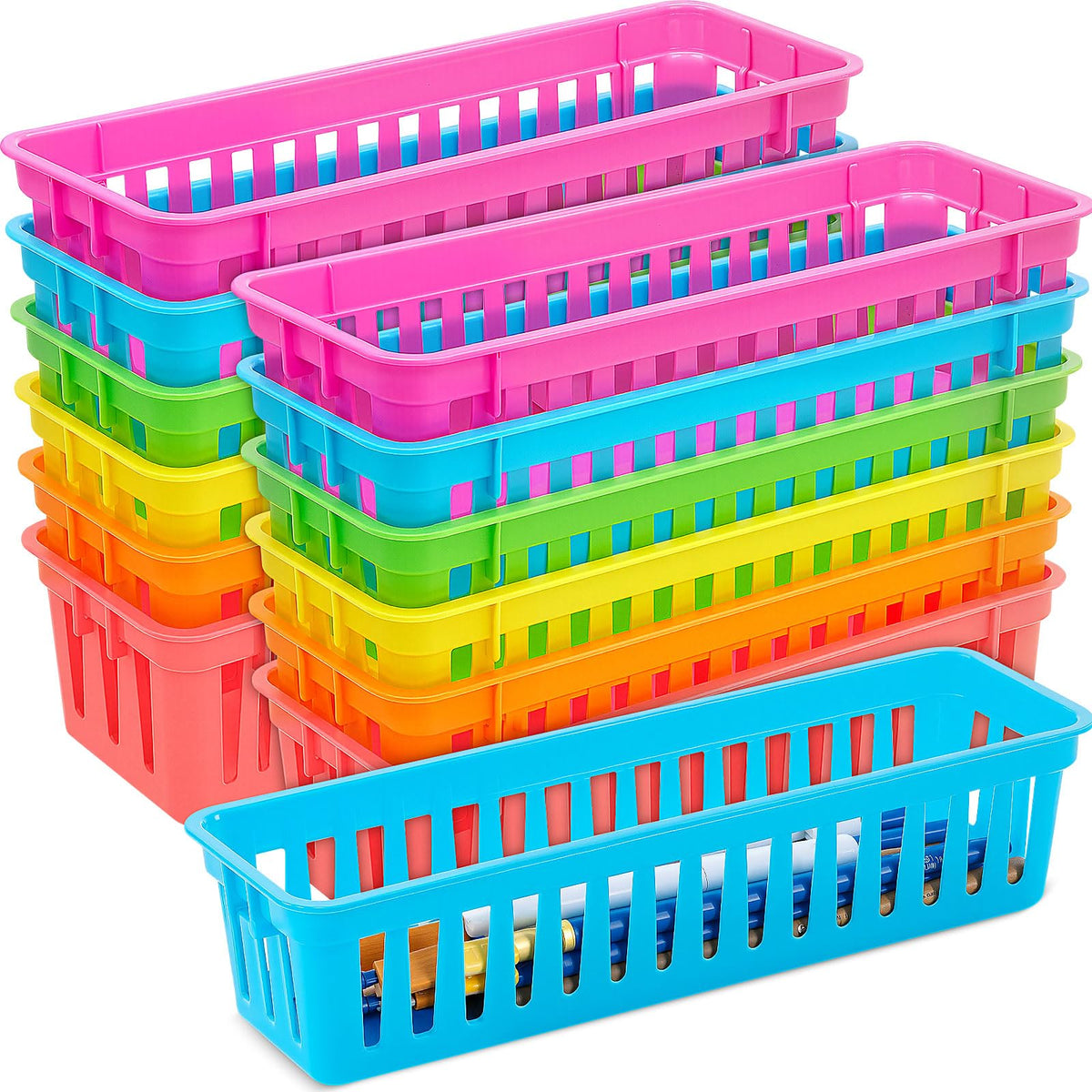 12 Pack Slim Plastic Storage Baskets Tray for Organizing 10.25x3.25x2.5 Inch Small Narrow Storage Bins Stackable Drawer Pencil Trays Holder for Desk Garage Cabinet Container (12 Count)