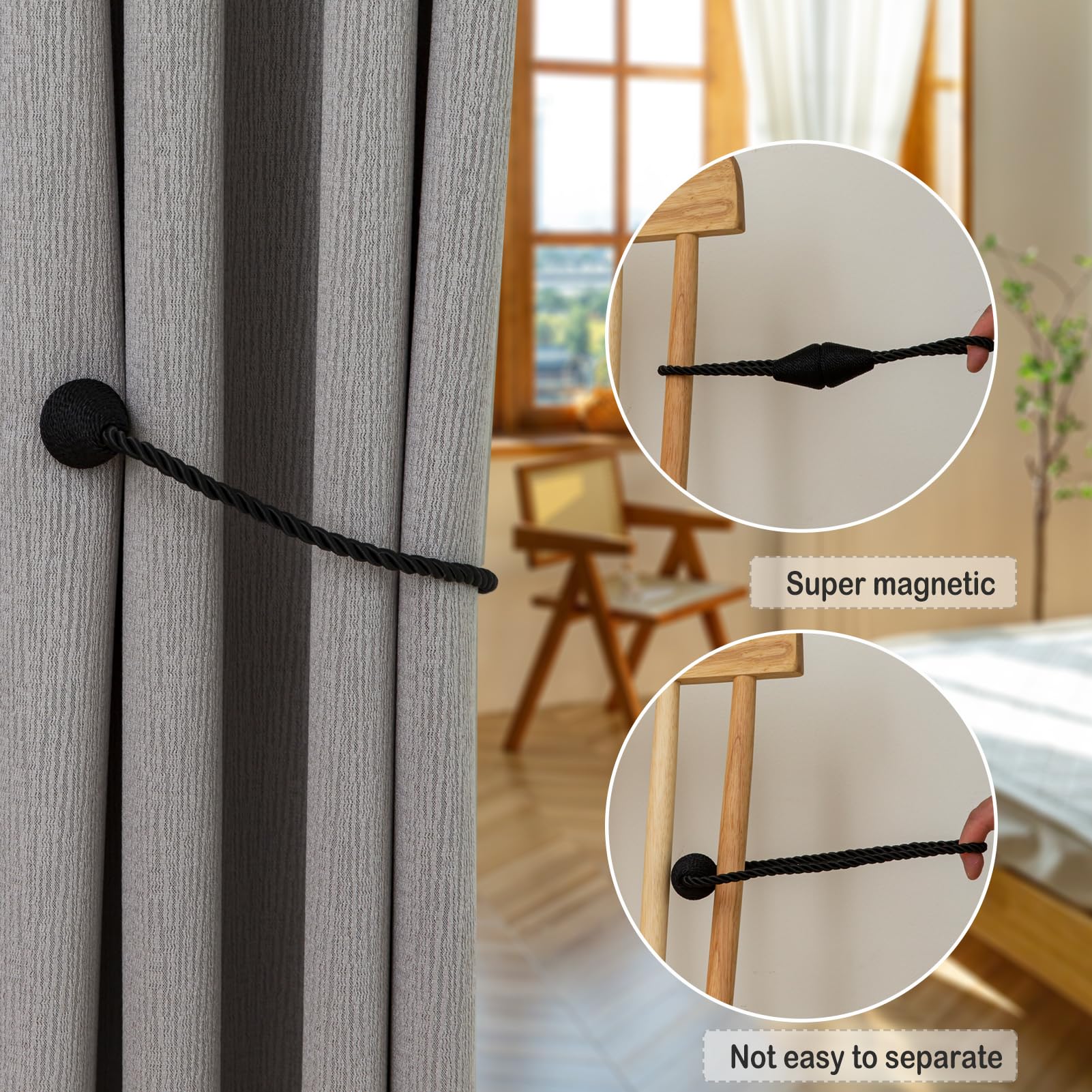 Magnetic Curtain Tiebacks 4 Pack Outdoor Rope Curtain Tie Backs Decorative Window Treatment Holdbacks for Home Decorative Curtain (4 Count)