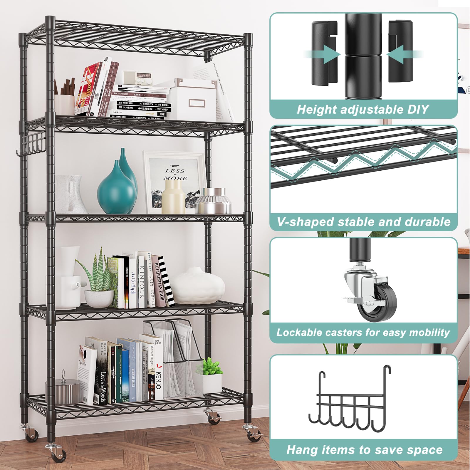 5 Tier Storage Shelf Wire Shelving Unit on Wheels Heavy Duty Metal Shelves Adjustable Steel Rack Organization for Kitchen Garage Basement (5 Count)