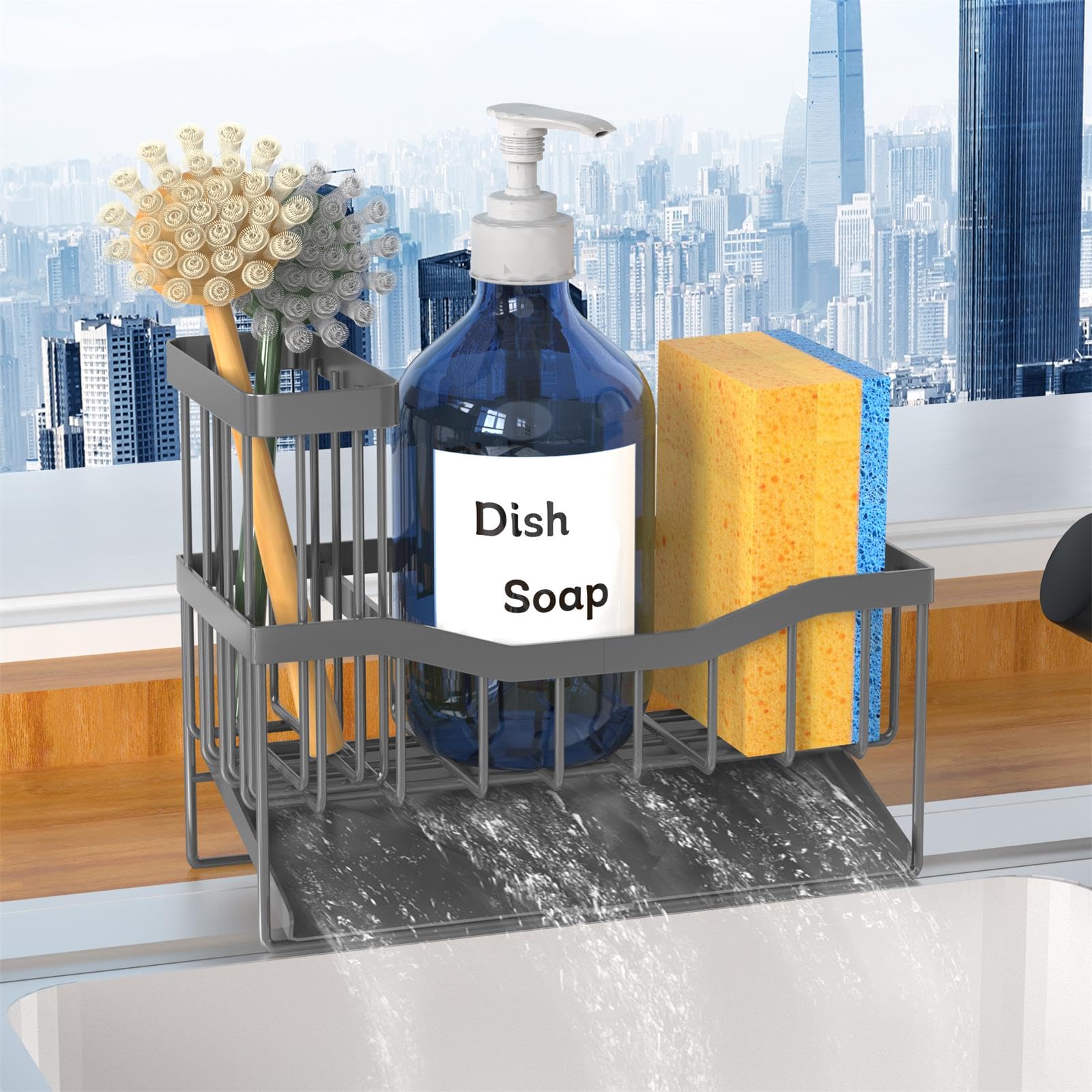 Maifan Sink Caddy Sponge Holder for Kitchen with Brush Holder and Stainless Steel Self Drain Tray