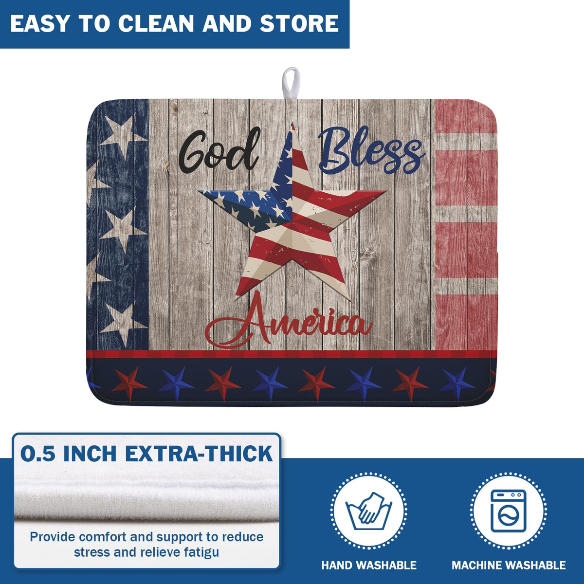 4th of July Dish Drying Mat 18x24 Inch Patriotic God Bless America Memorial Kitchen Mats Independence Day Absorbent Dishes Pad for Kitchen Counter USA Star Drying Mat Home Decor for Countertop