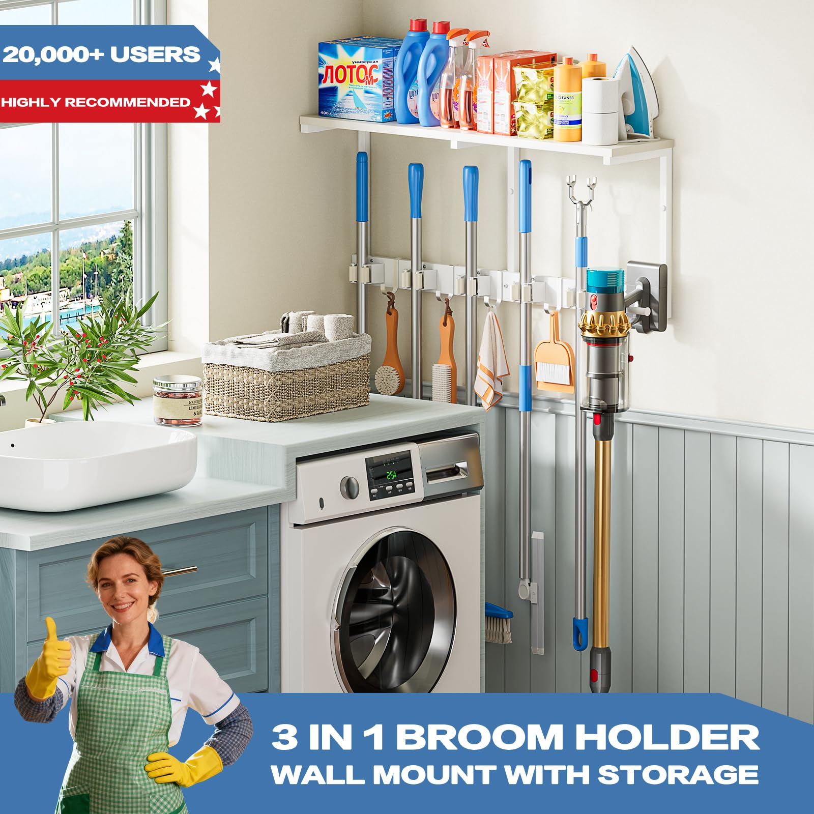 Broom Holder Wall Mount with Cleaning Supplies Organizer