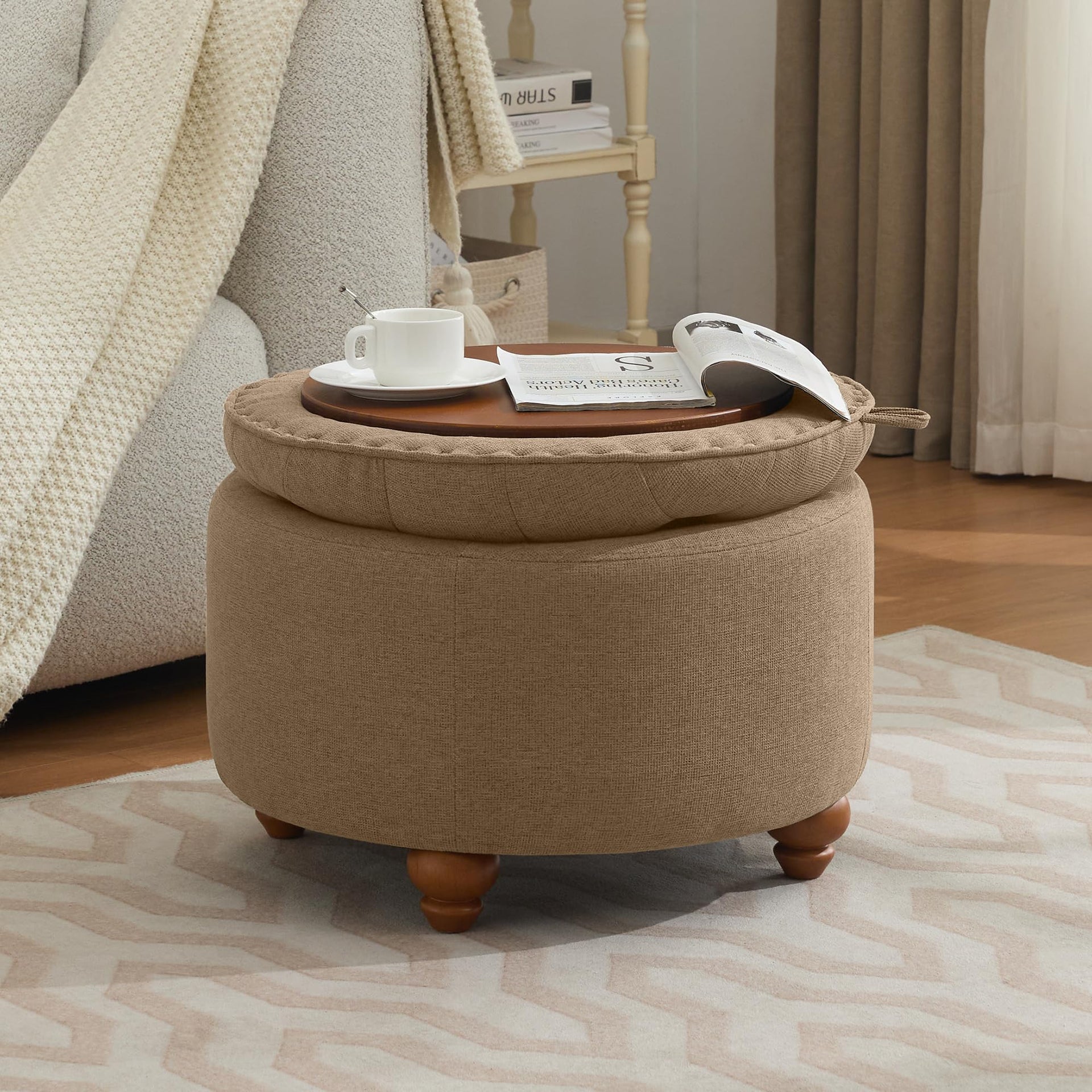 24Inch Round Storage Ottoman with Tray