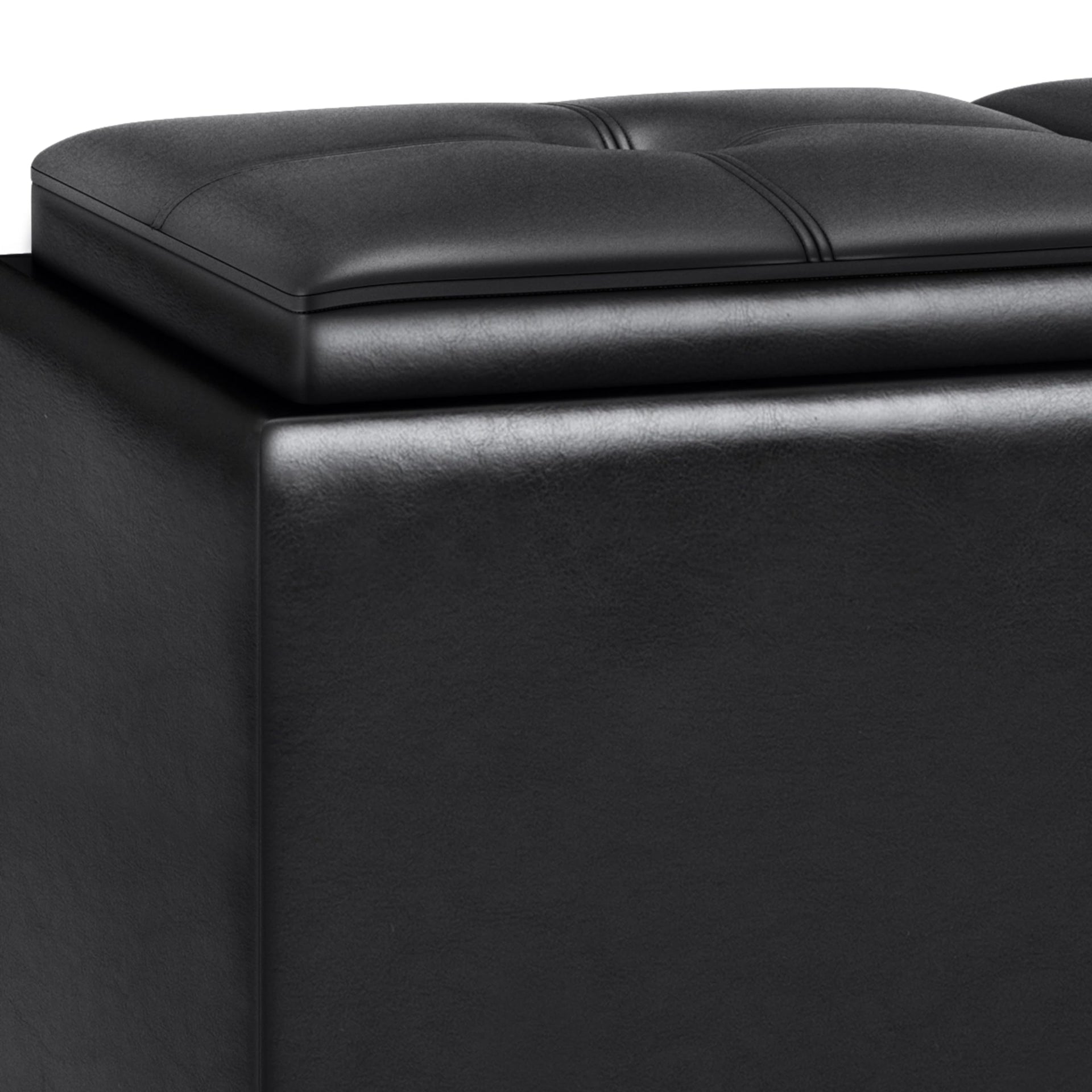 Avalon 42 inch Wide Contemporary Rectangle Tray Storage Ottoman with Lift Up Lids in Midnight Black Vegan Faux Leather