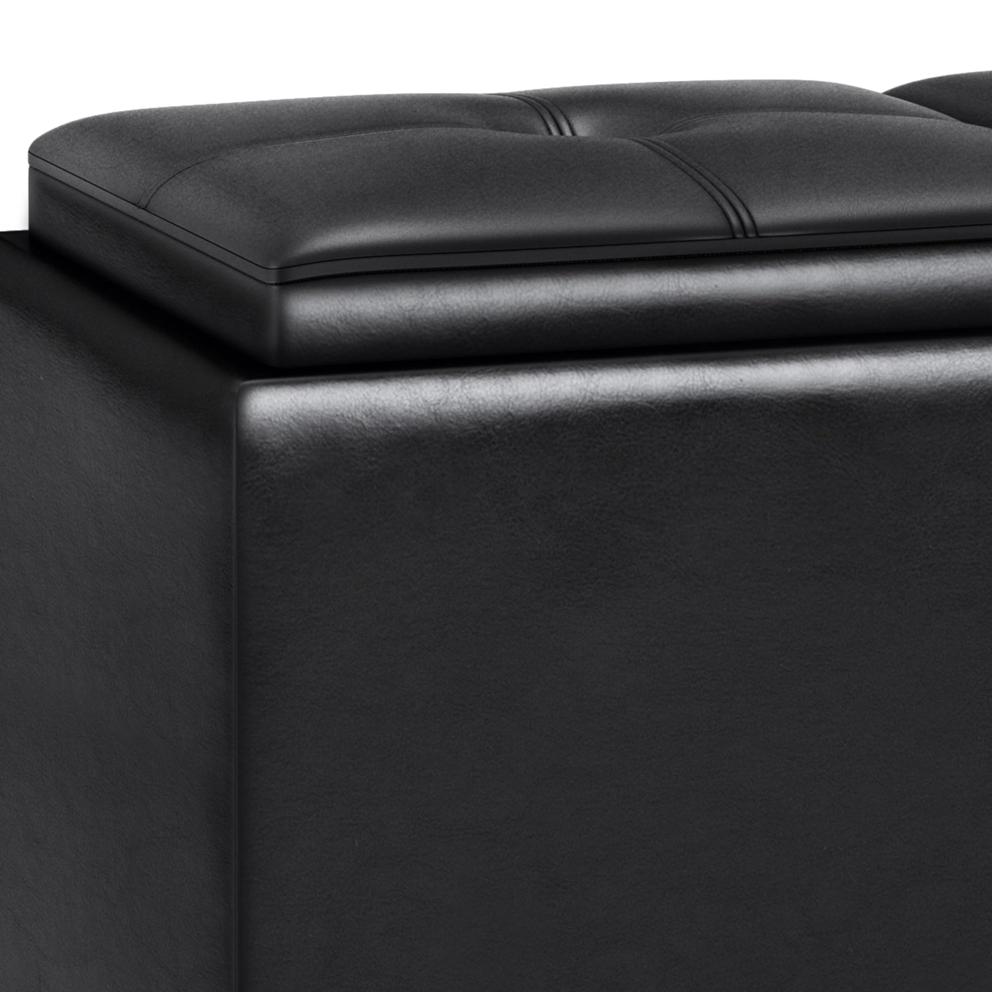 Avalon 42 inch Wide Contemporary Rectangle Tray Storage Ottoman with Lift Up Lids in Midnight Black Vegan Faux Leather