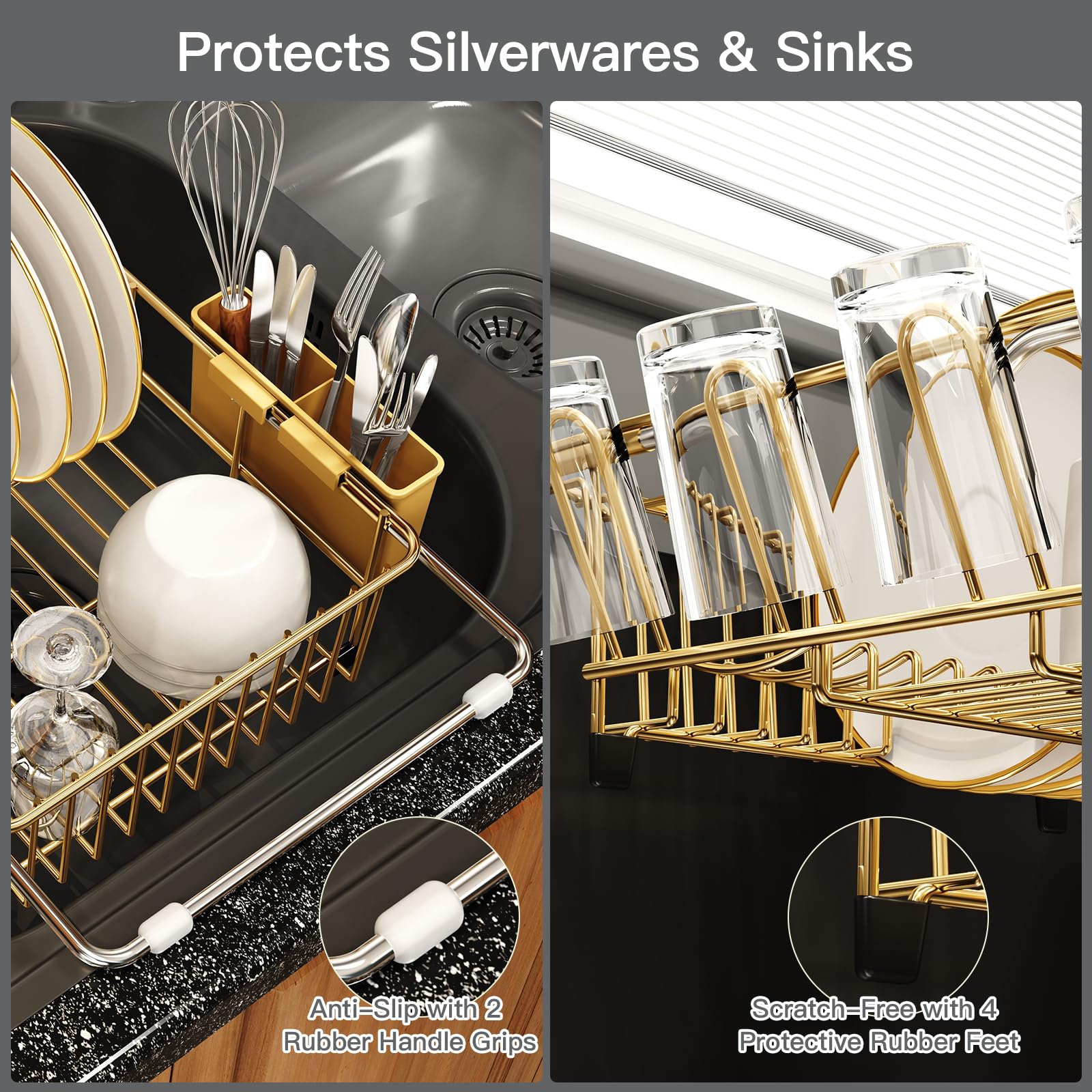 Gold Dish Drying Rack Over The Sink with Utensil Holder