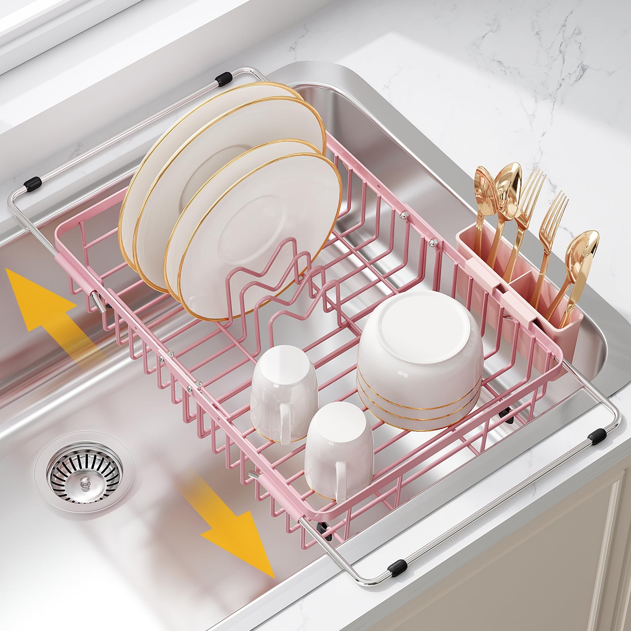 Pink Dish Drying Rack Over the Sink with Utensil Holder