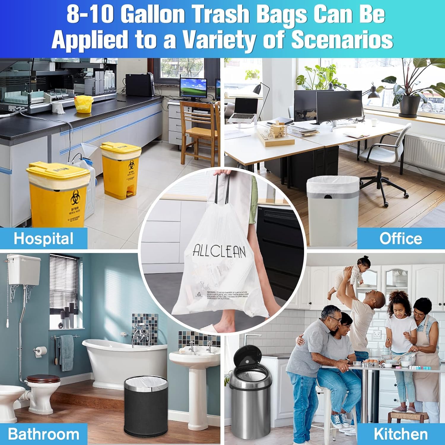Trash Bags 10 Gallon Medium Kitchen Drawstring Garbage Bag Fit 8