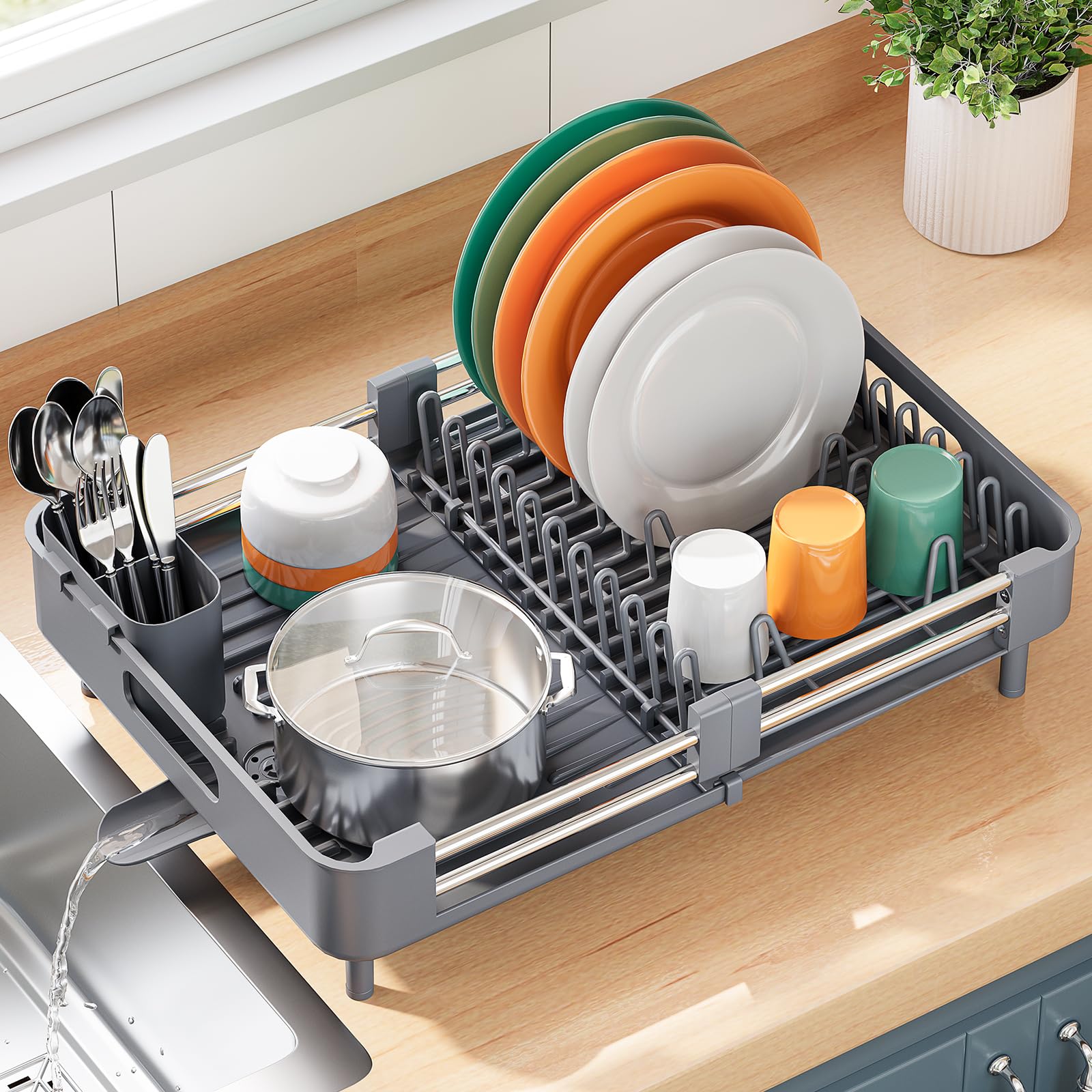 Expandable Dish Drying Rack with Cutlery Holder