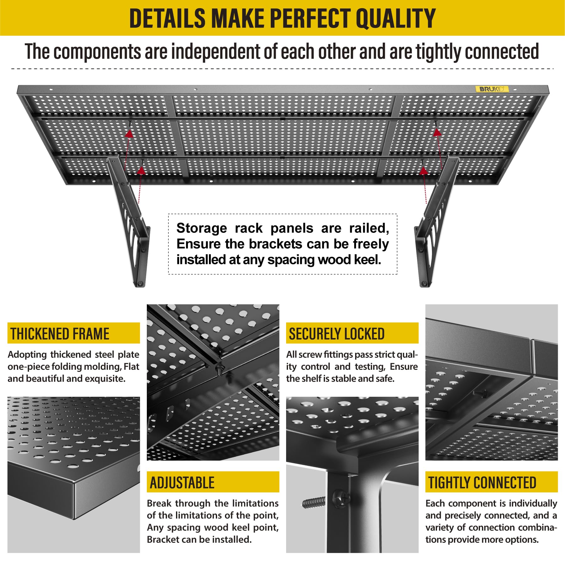 4Pack 1.64x4ft Adjustable Metal Garage Wall Shelving Heavy Duty Garage Storage Shelf Wall Mounted Black (4 Count)