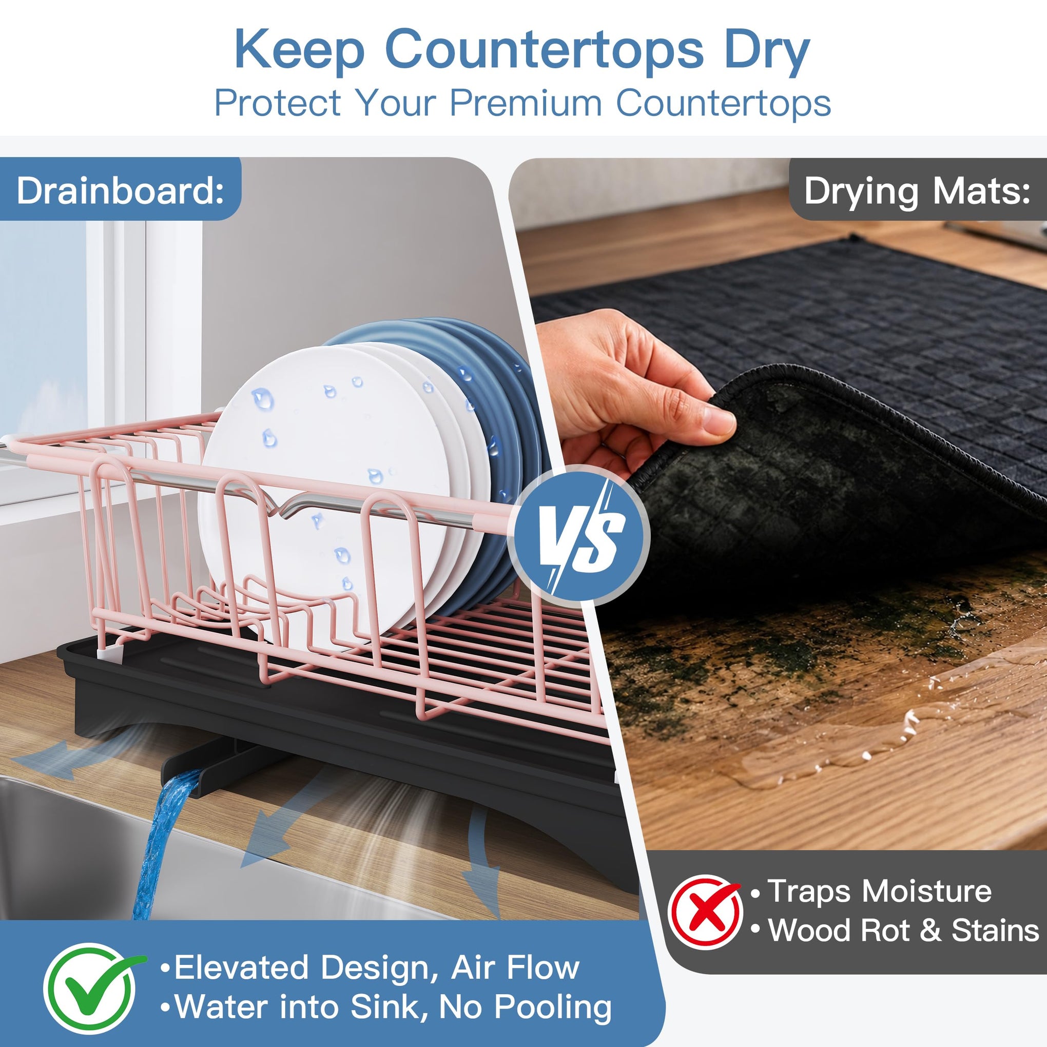 Pink Dish Drying Rack in Sink with Drainboard and Utensil Holder