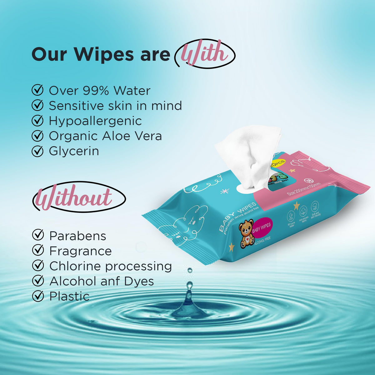 Baby Wipes Unscented Wet Wipes 99% Water Based with Aloe Vera Fragrance Free Travel Pack 20 ct Hypoallergenic Water wipes for Sensitive Skin Toallitas Húmedas para Bebés Bulk Available (8 Ounce)