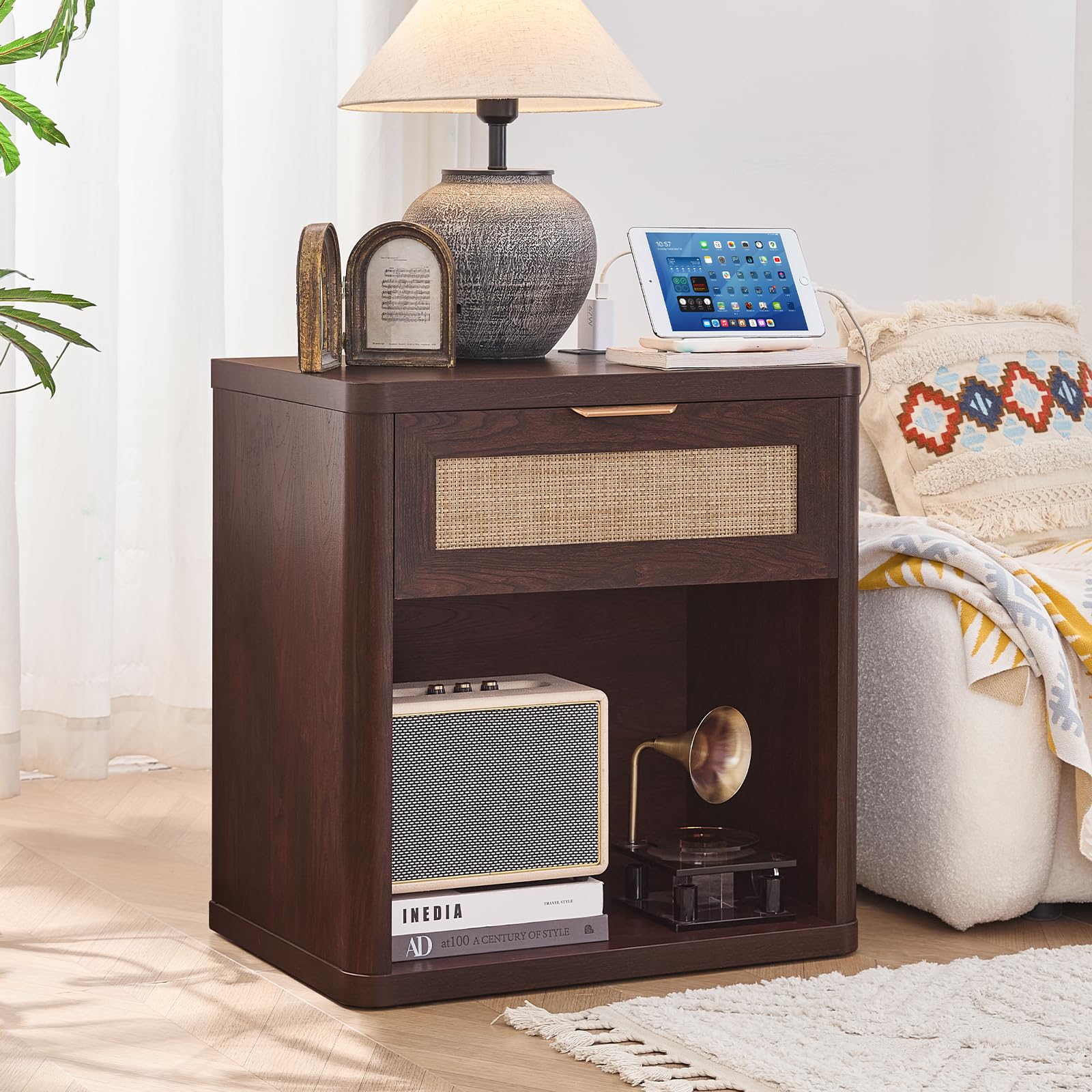 Rattan Nightstand with Charging Station