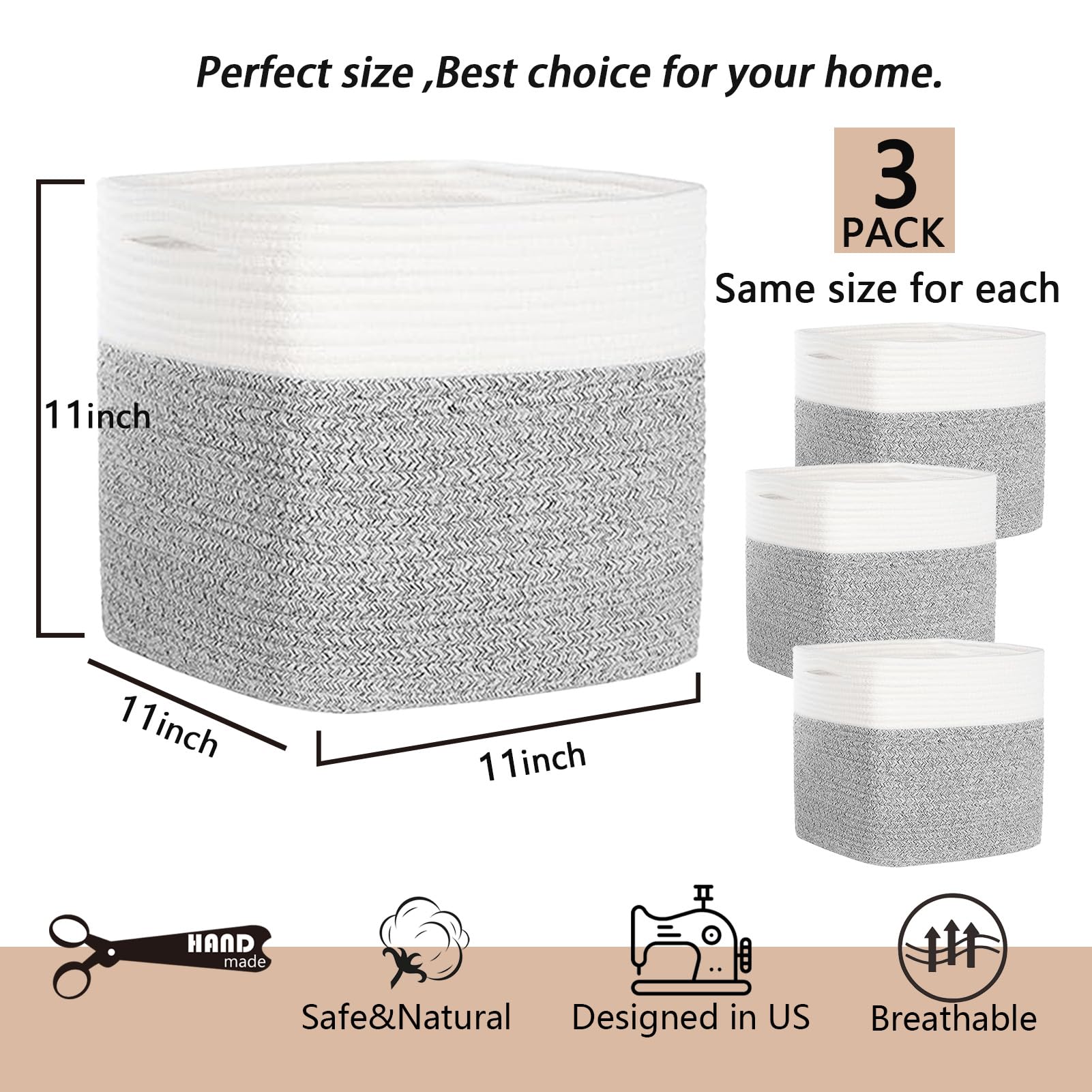3PACK Cotton Rope Square Basket with Handles for Shelves