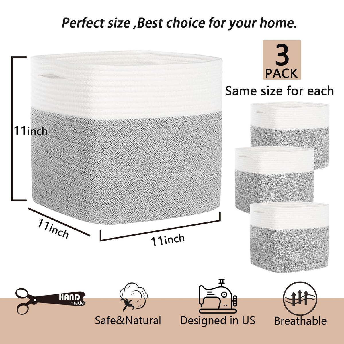 3PACK Cotton Rope Square Basket with Handles for Shelves