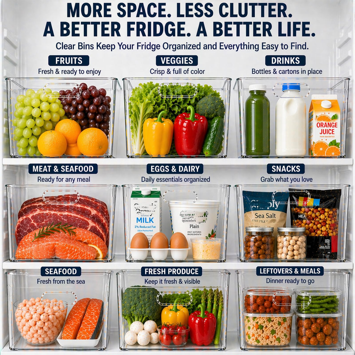 6 Pack Clear Organizer Bins 11x8x6in Pantry Organizers and Storage