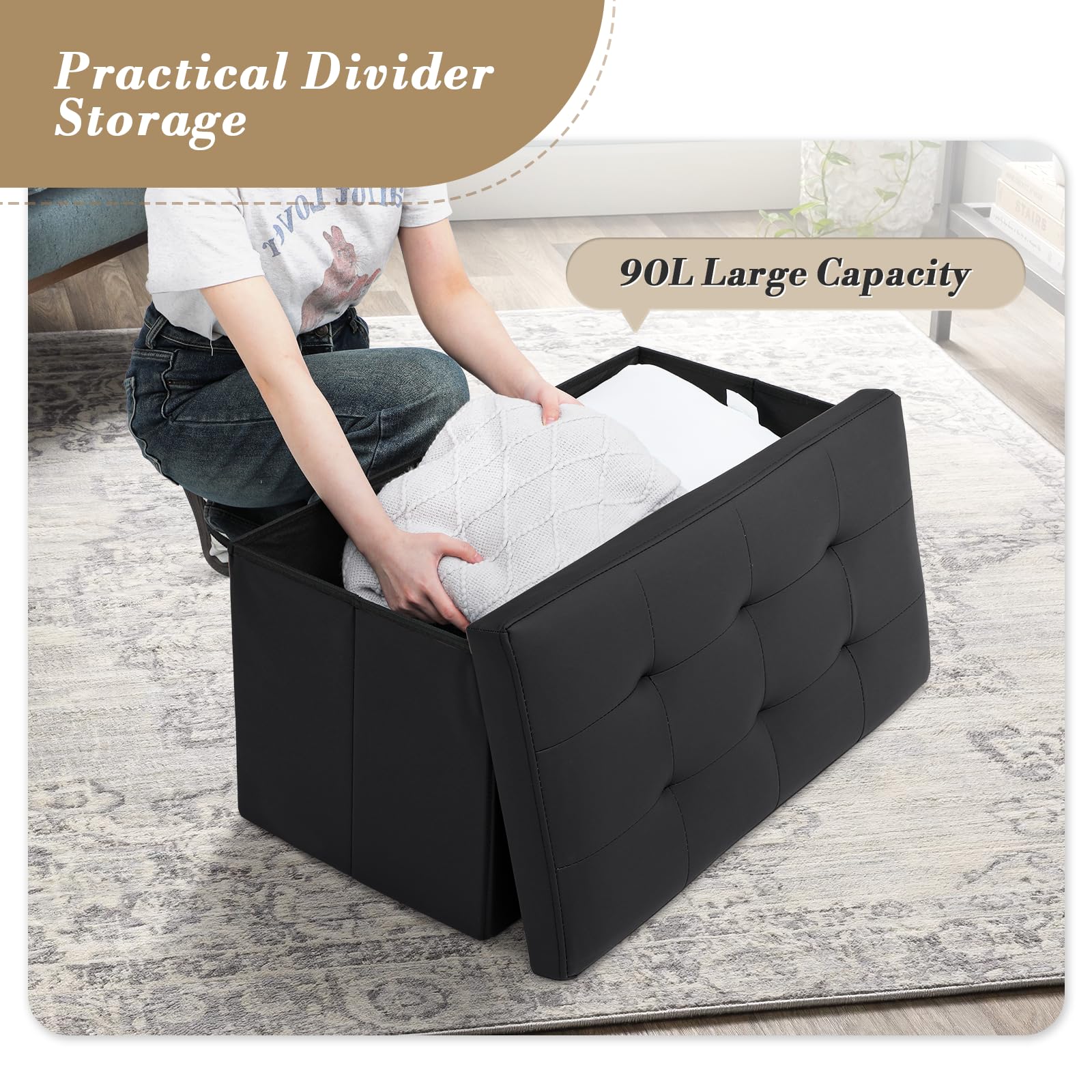 30" Storage Ottoman Bench Folding Bench with 90L Hidden Storage
