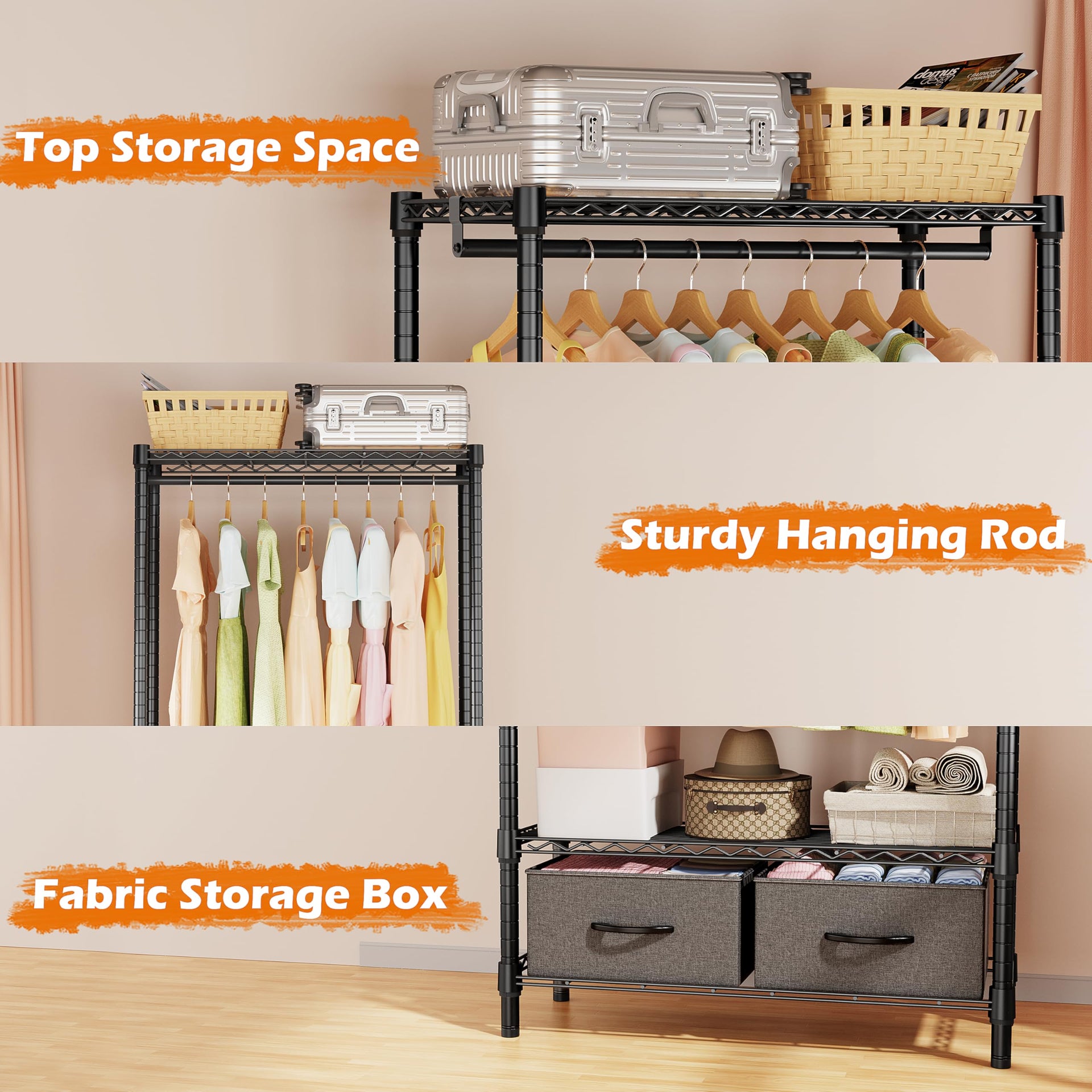 Heavy Duty Rolling Garment Rack 3 Tiers Adjustable Wire Shelving with Rod