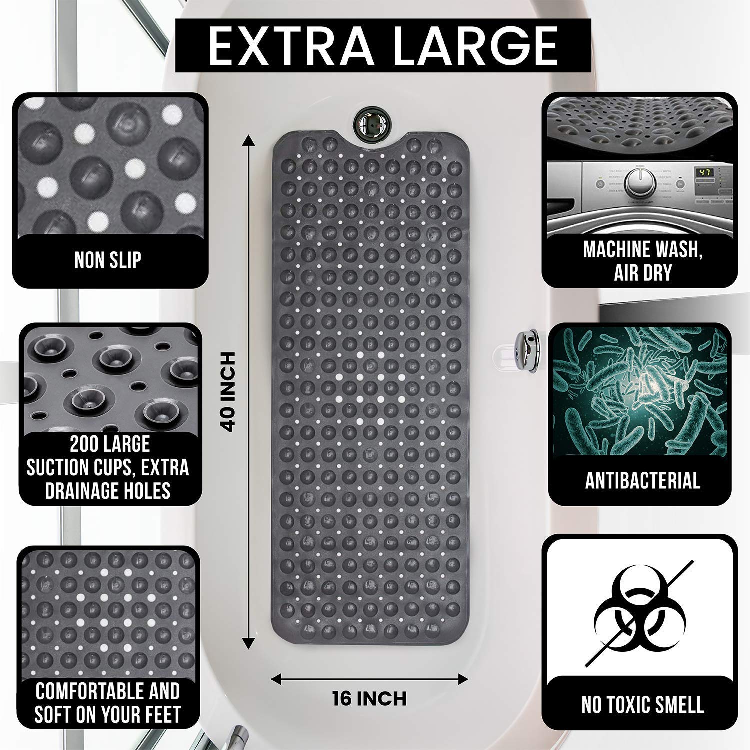 Non Slip Bath & Shower Mat 40x16 Extra Long