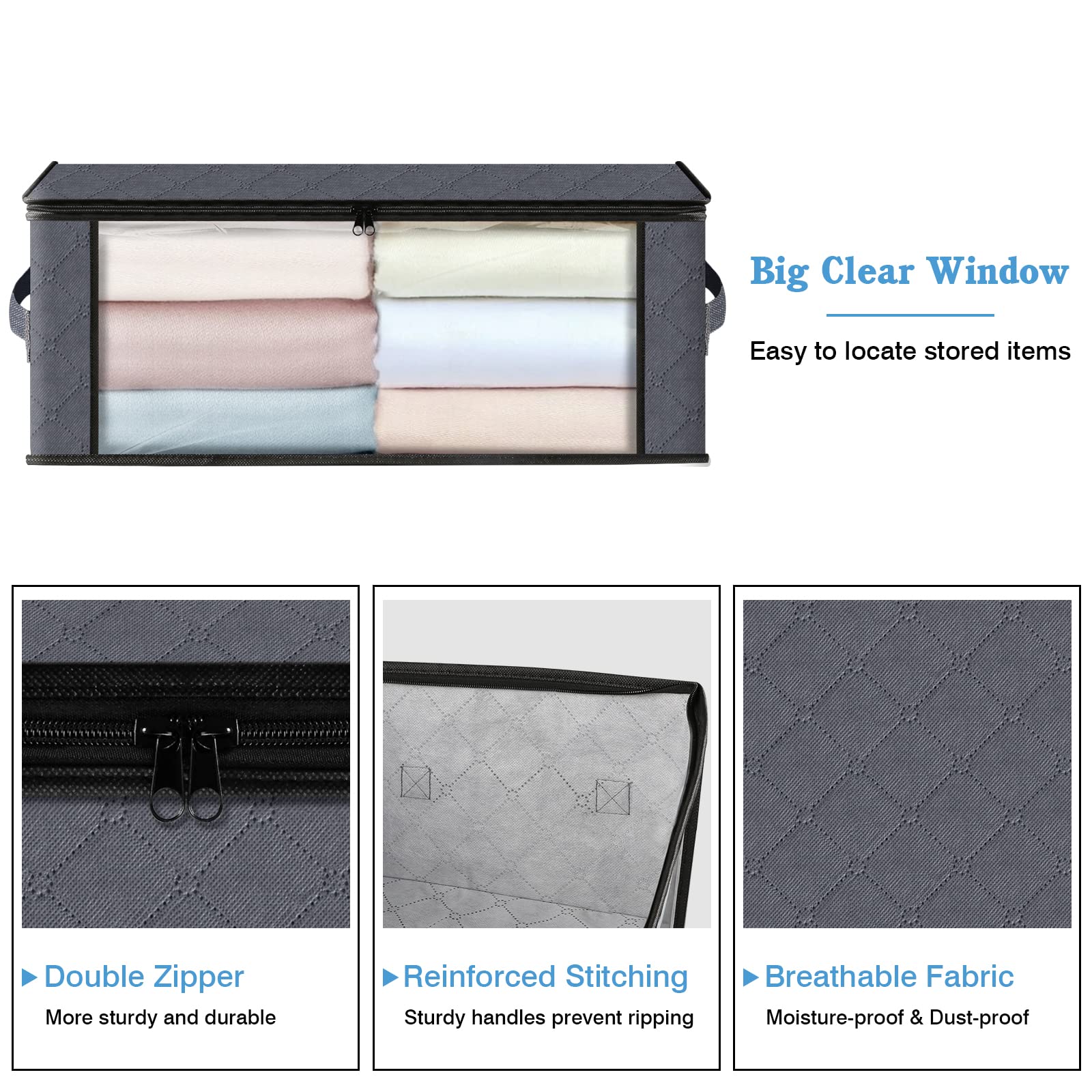 Storage 4 Pack Clothes Organizer Storage Bags Foldable Storage Box with Large Clear Window Sturdy Handles for Closet (4 Count)