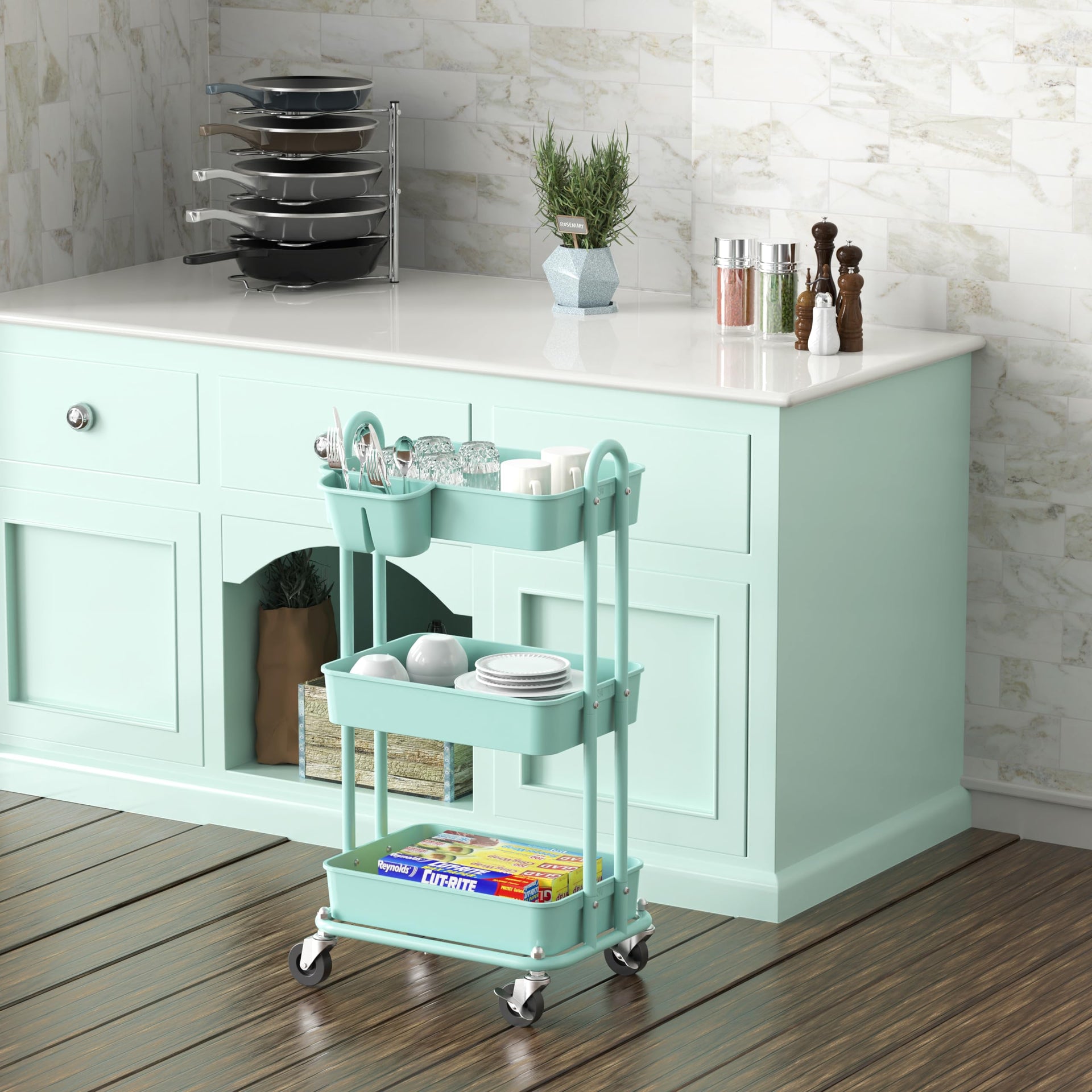3 Tier Rolling Utility Cart with Hanging Bucket