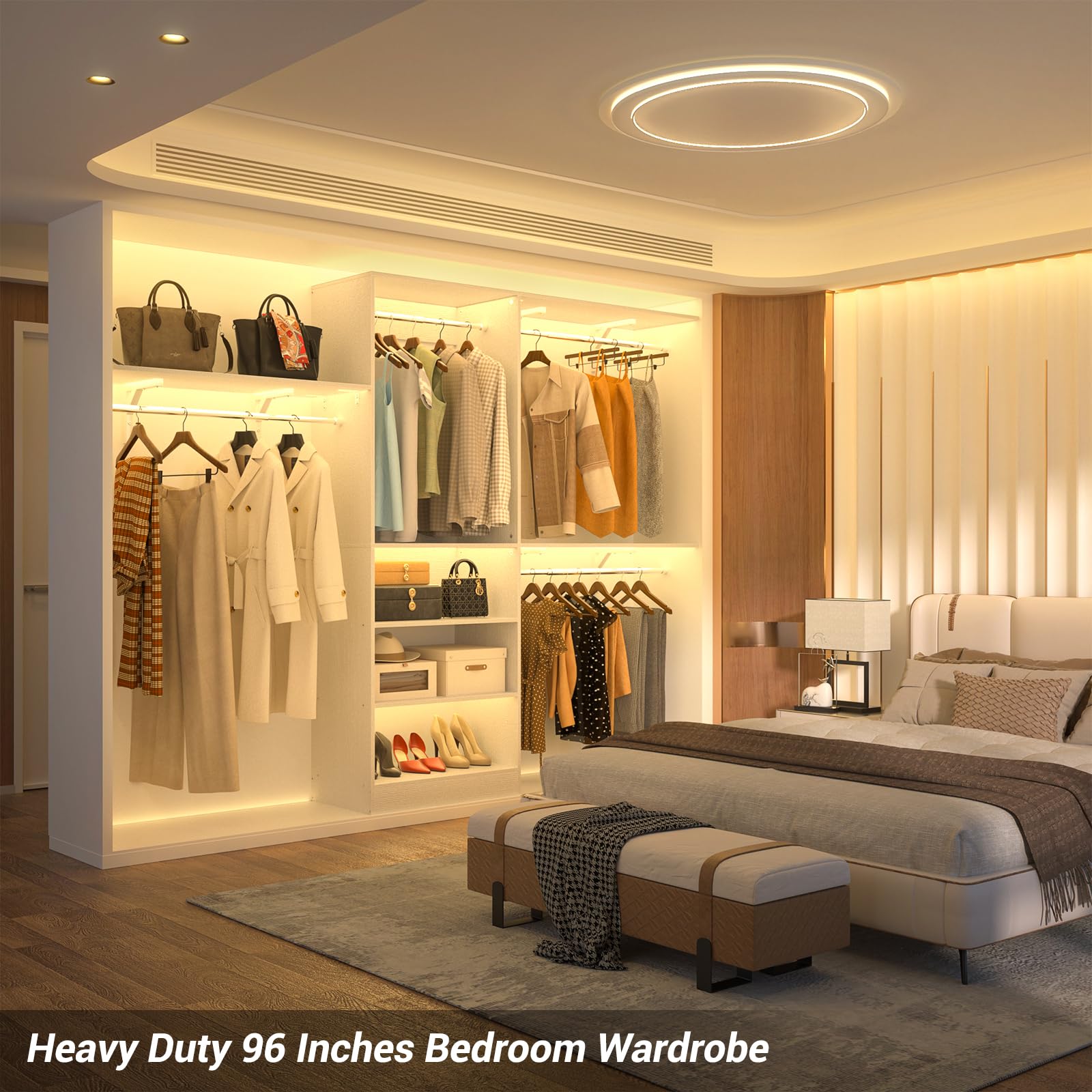 8FT Closet System with 3 Wooden Storage Shelves