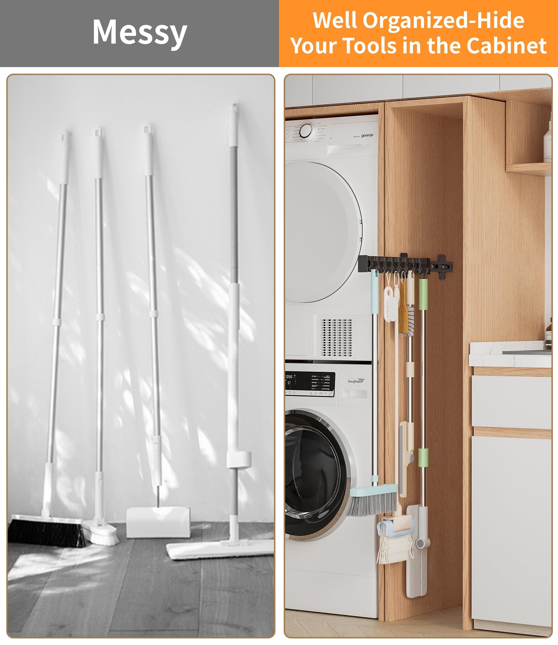 Pull Out Broom Holder With 8 Adjustable Row Sliding Hook