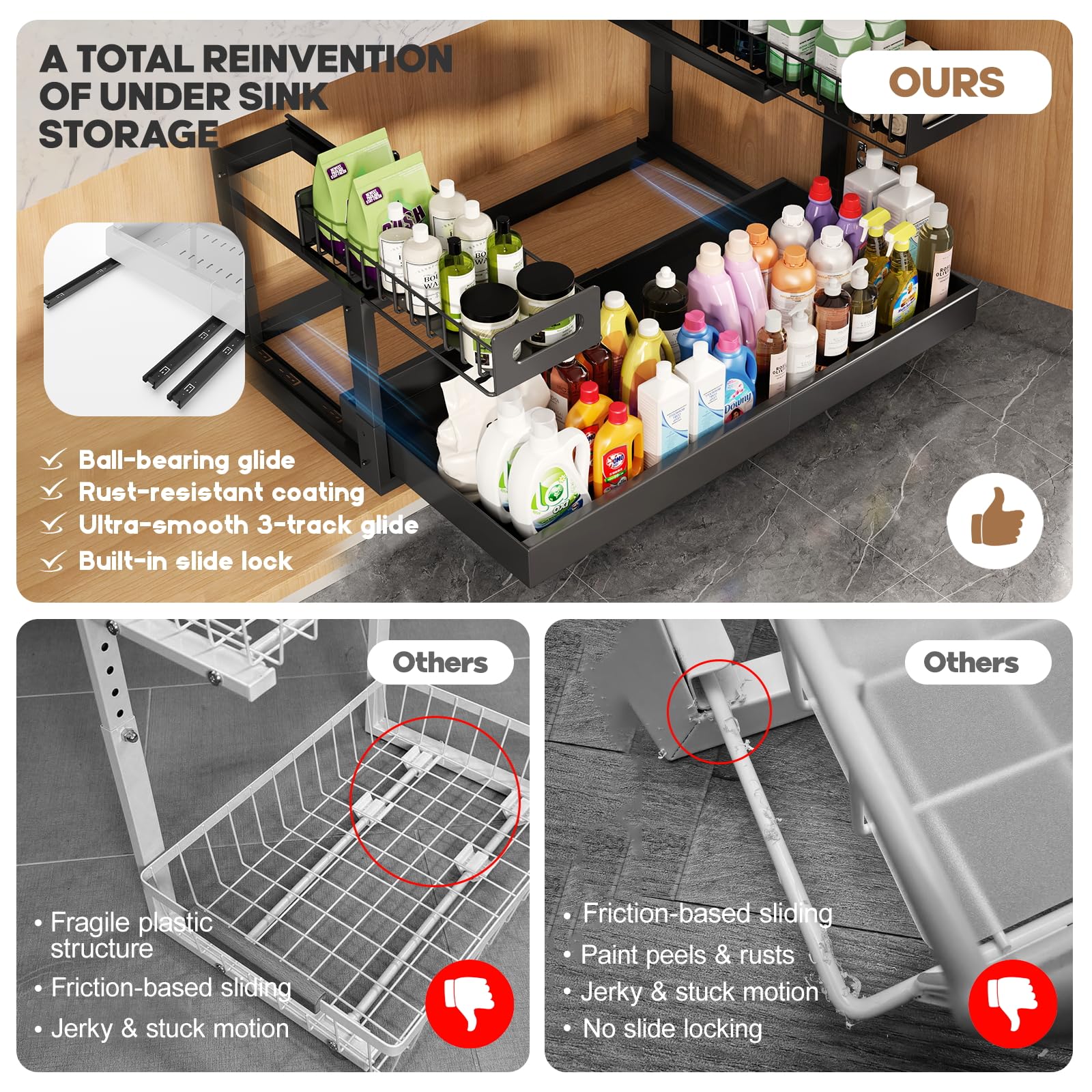 1 Pack-19"-32"W Expandable Under Sink Organizer With Upgrade Ball-Bearing Slide,2-Tier Pull Out Under Cabinet Organizer Height Adjustable,Not Suitable For Cabinets With Partitions In The Middle