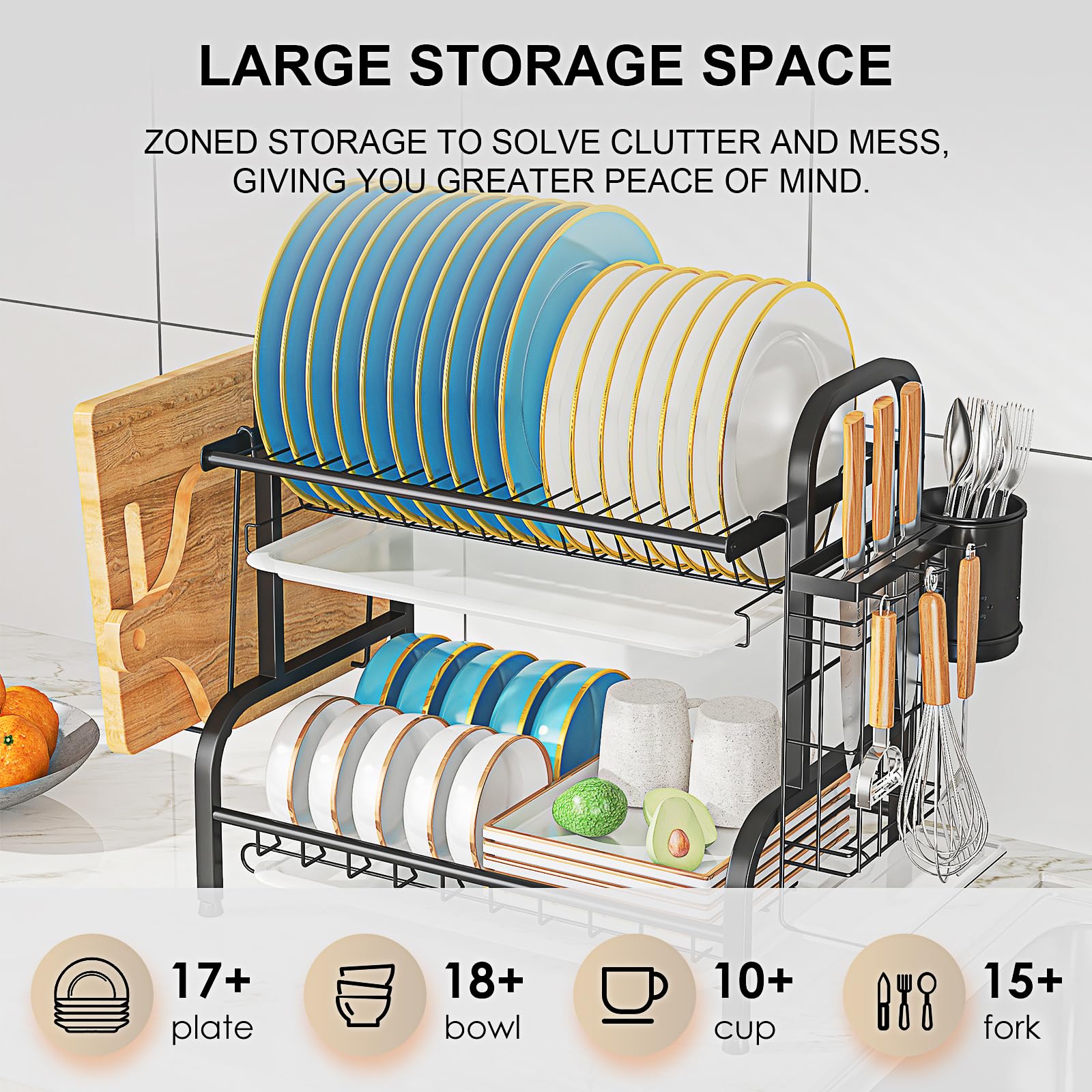 2 Tier Stainless Steel Dish Drying Rack with Drainboard
