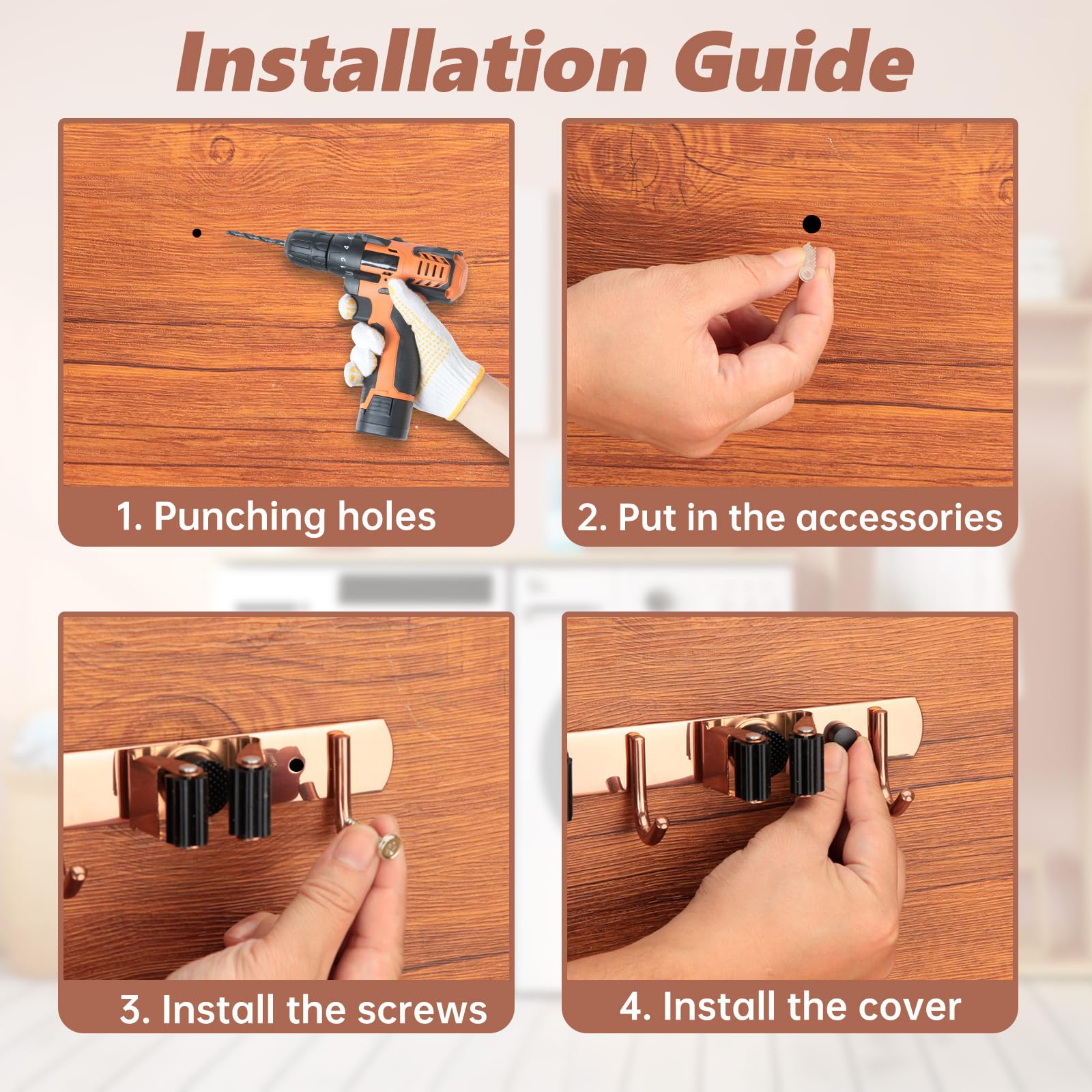 3 Racks and 4 Heavy Duty Hooks Mop and Broom Holder Wall Mount