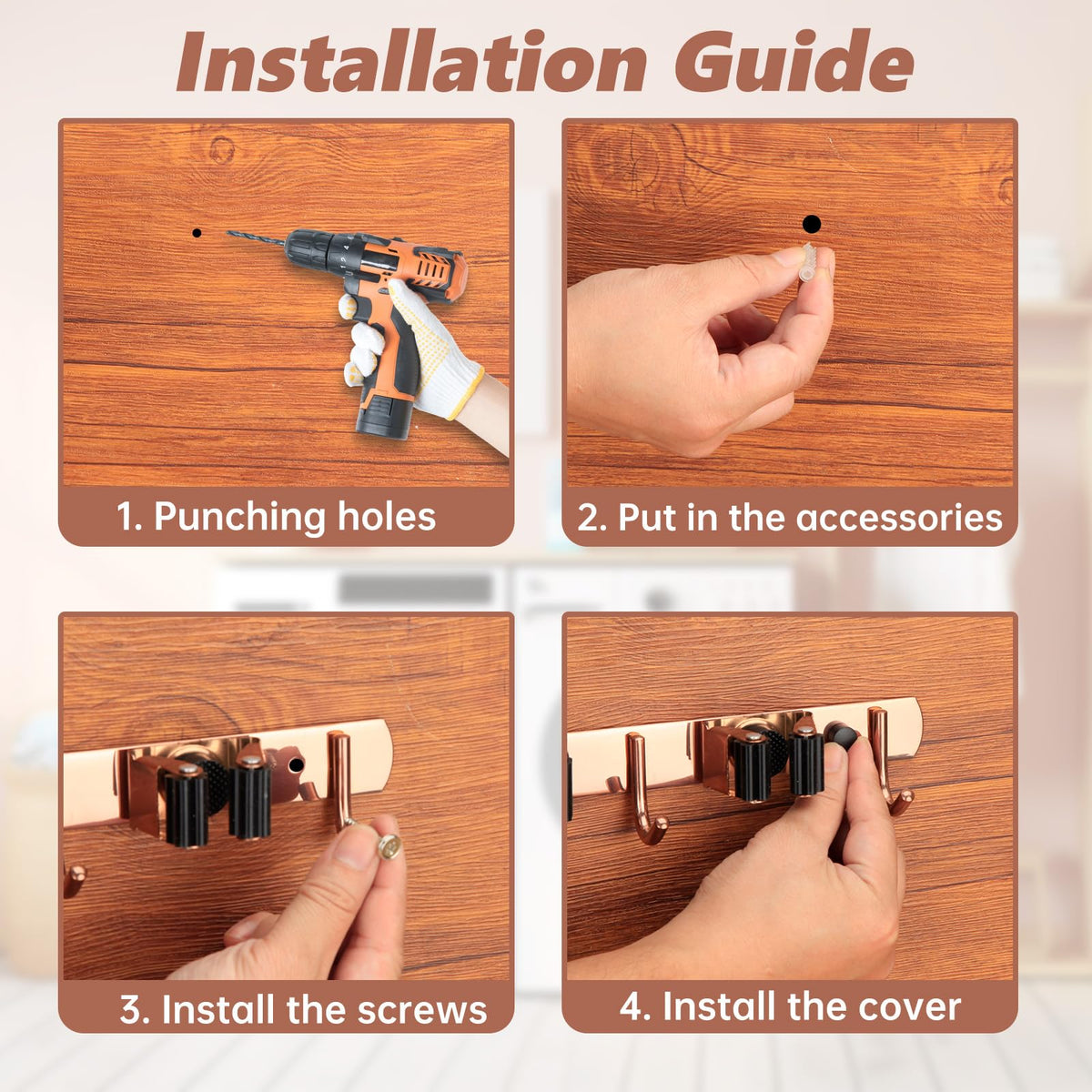 3 Racks and 4 Heavy Duty Hooks Mop and Broom Holder Wall Mount