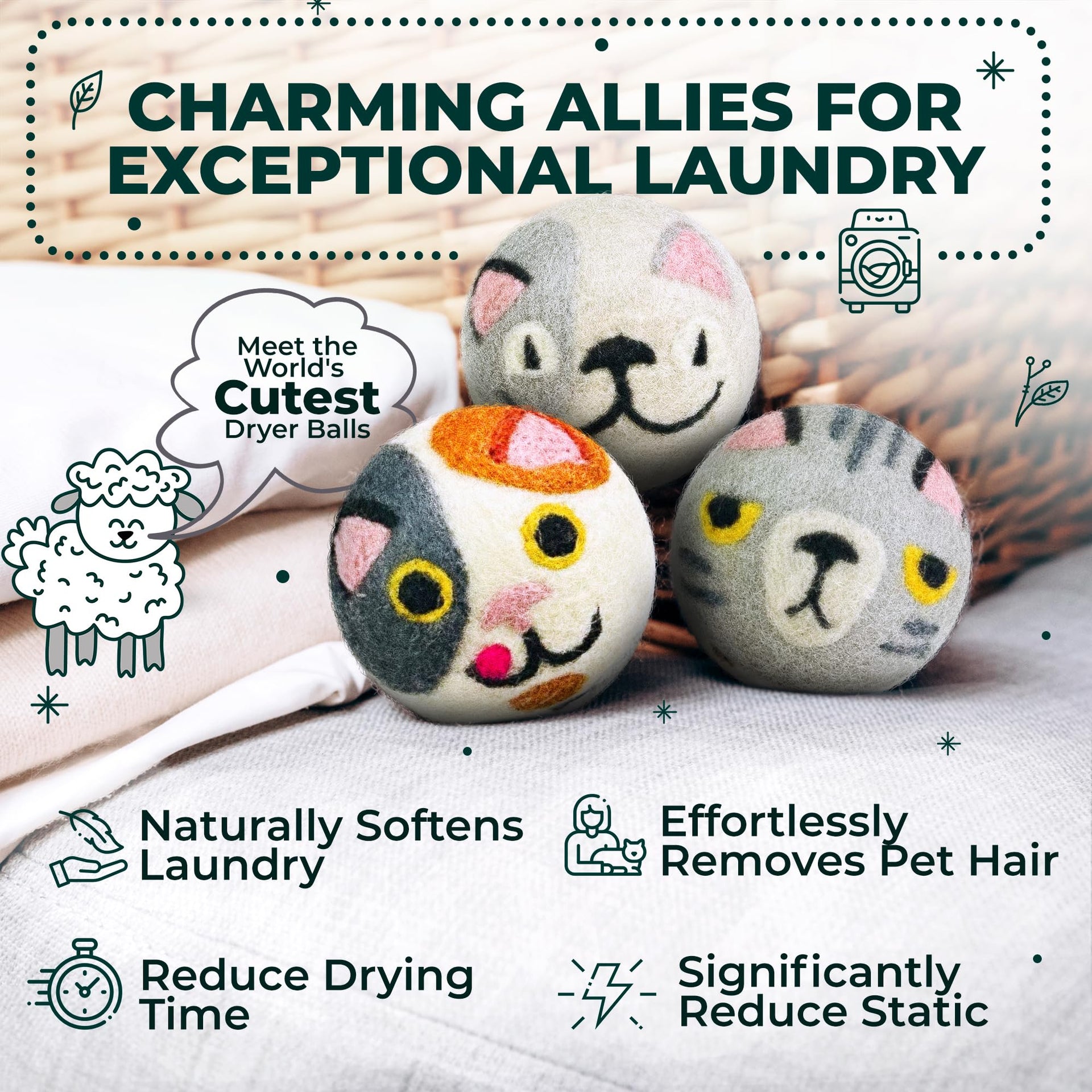 Chemical Free & Baby Safe! Reusable Wool Dryer Balls XL 6 (6 Count)