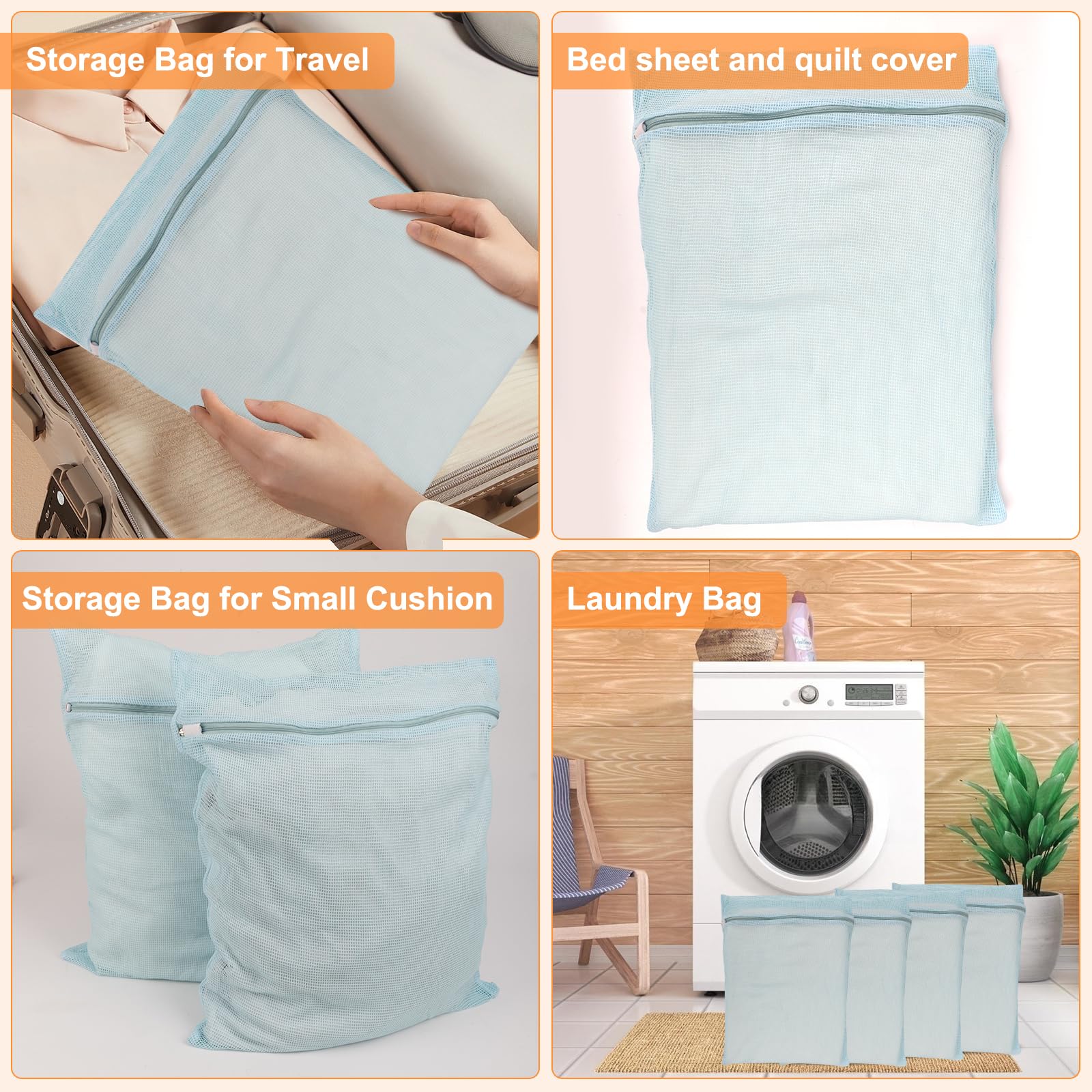 4 Piece Blue Large Durable Organic Cotton Mesh Laundry Bags with Sturdy Zippers and Breathable Mesh are Delicate Laundry Bags for Underwear