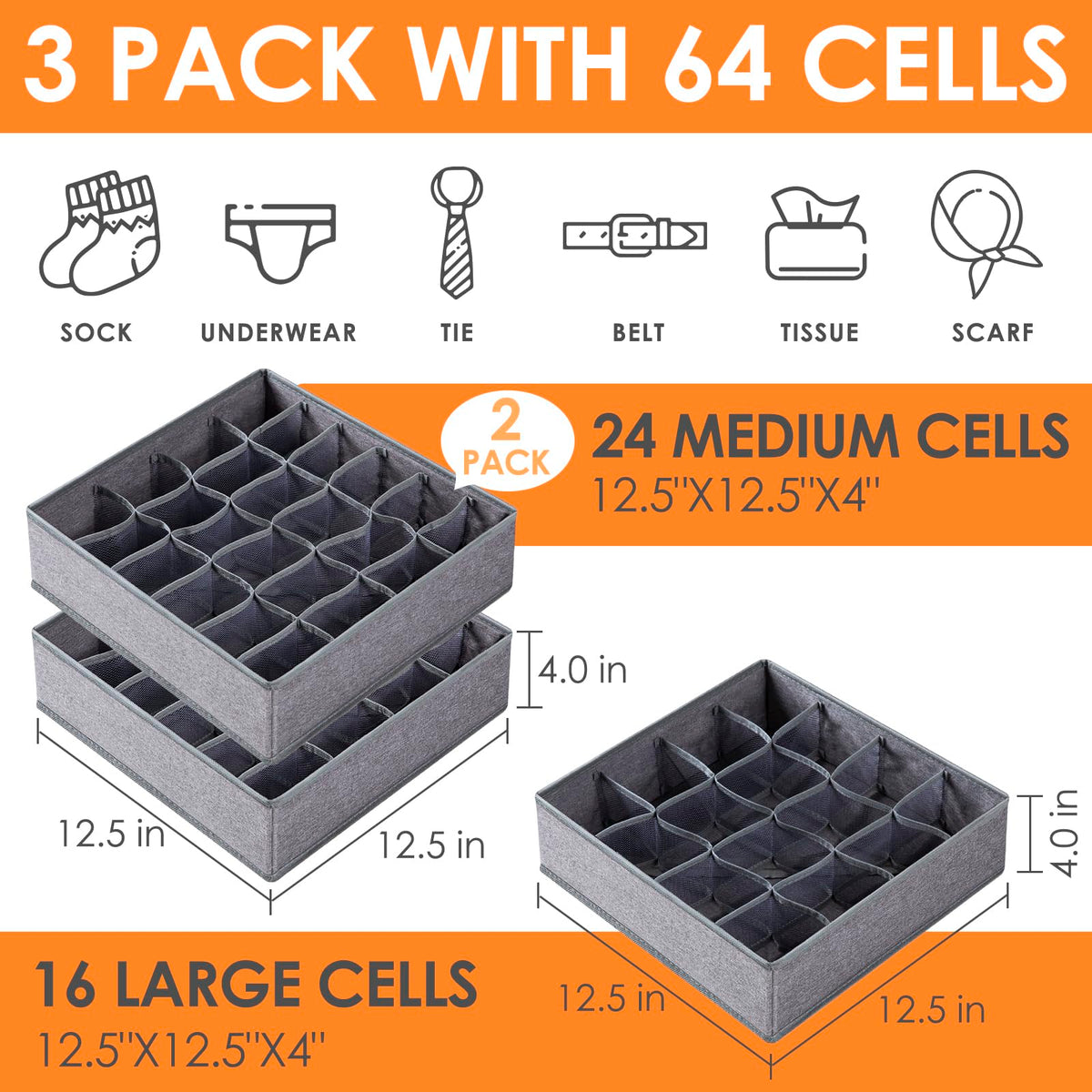 3 Pack Sock Underwear Drawer Organizer Dividers (3 Count)