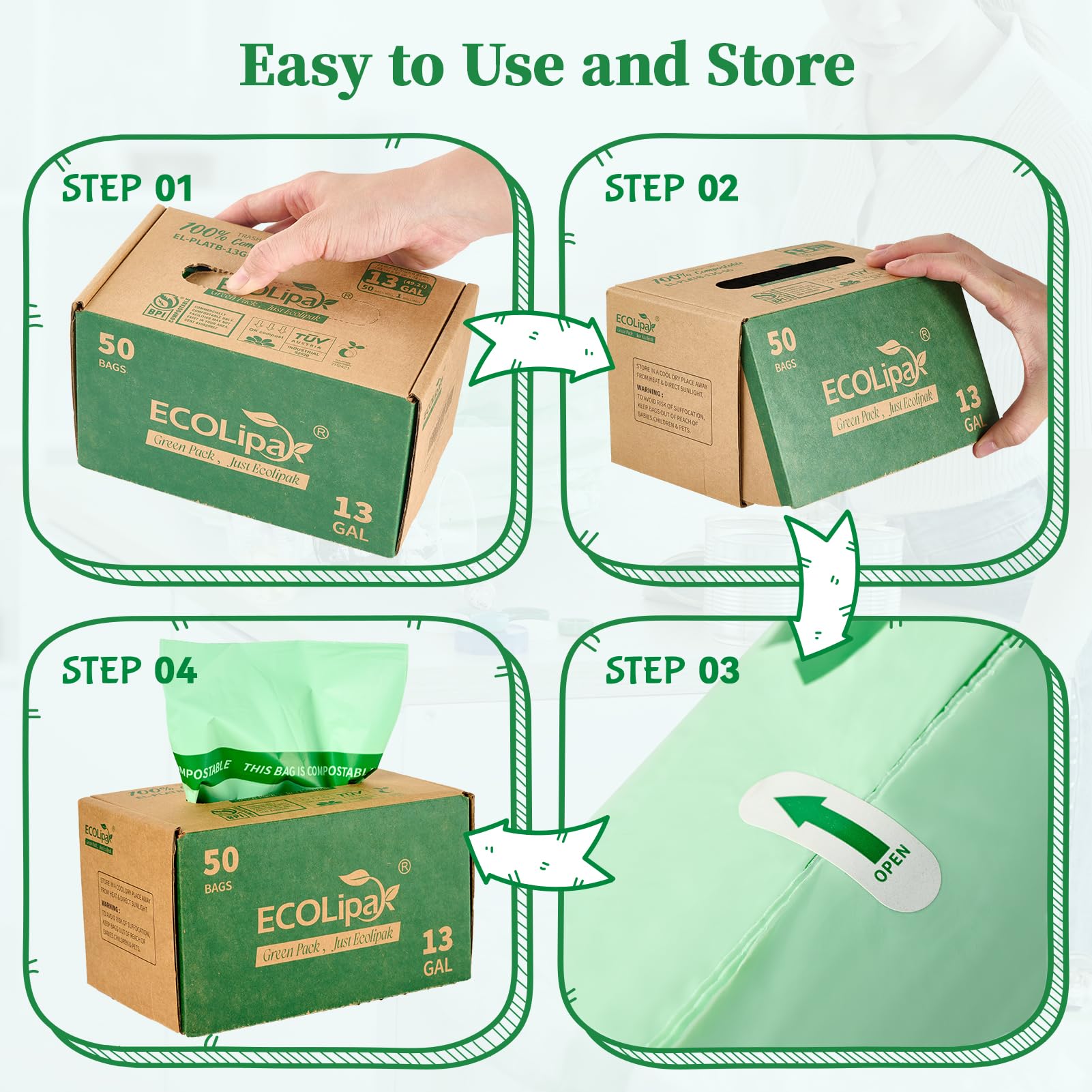 13 Gallon 50 Count Compostable Kitchen Trash Garbage Bags
