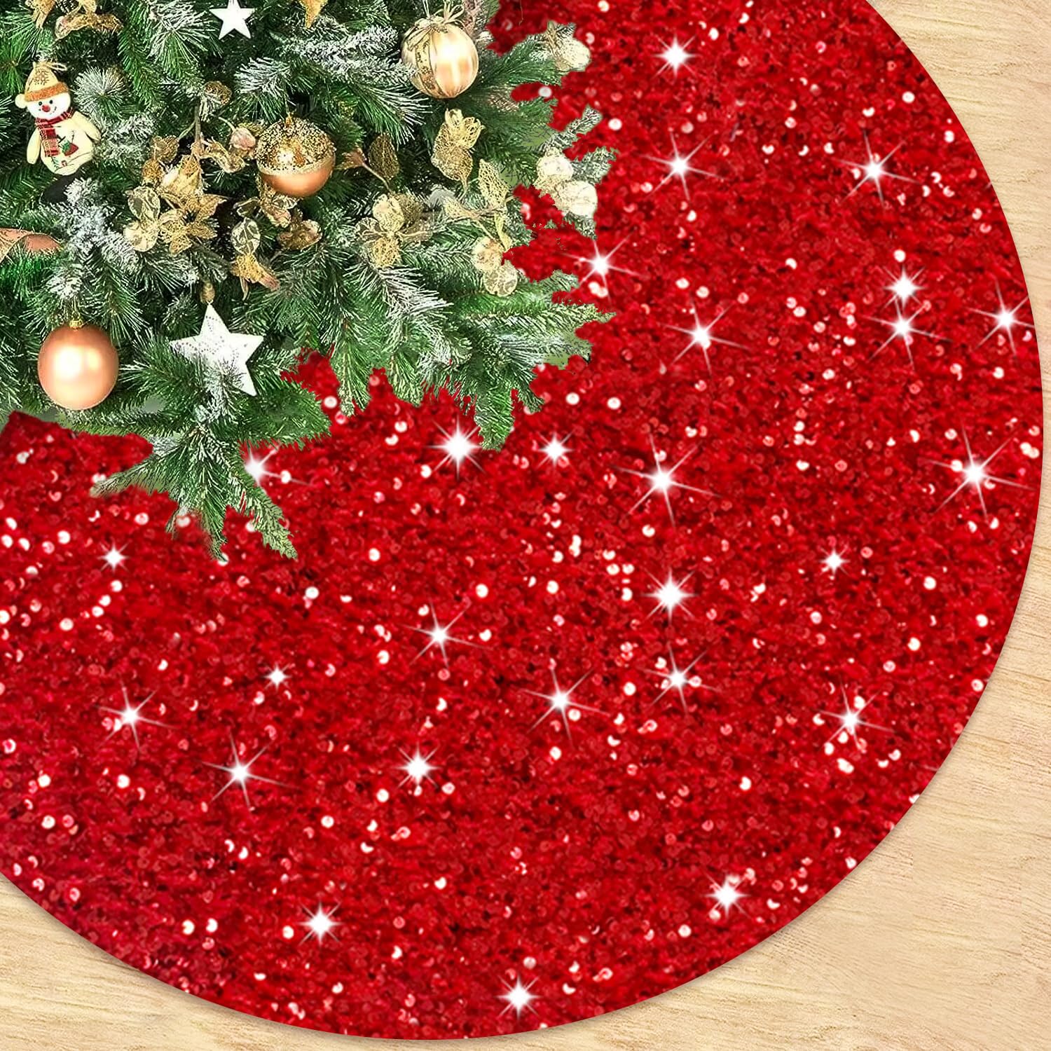 Christmas Tree Skirt Red Glitter Tree Skirt 36 Inch Sequin Xmas Tree Skirts Velvet Christmas Tree Mat Rustic Metallic Sparkle Tree Skirts Cover for Xmas Party New Year Holiday Decoration