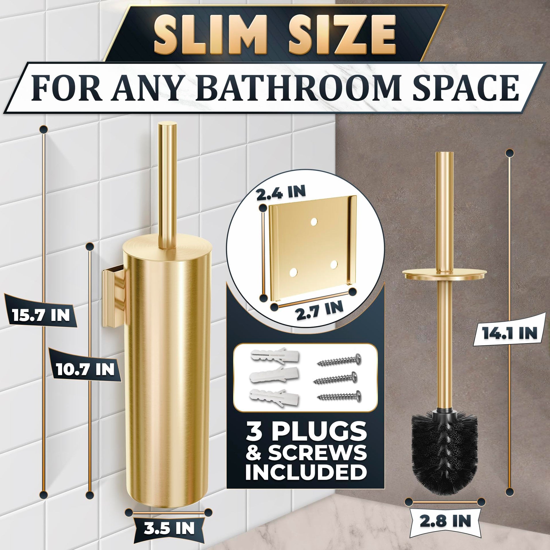 2 Pcs Wall Mounted Stainless Steel Toilet Brush and Holder Set