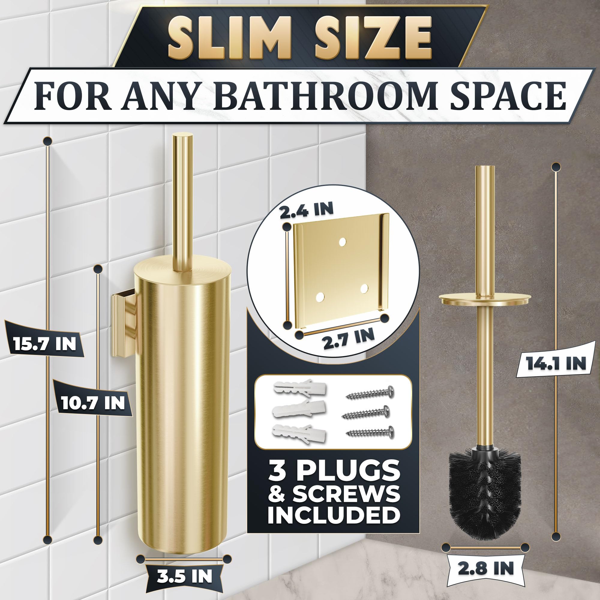 2 Pcs Wall Mounted Stainless Steel Toilet Brush and Holder Set