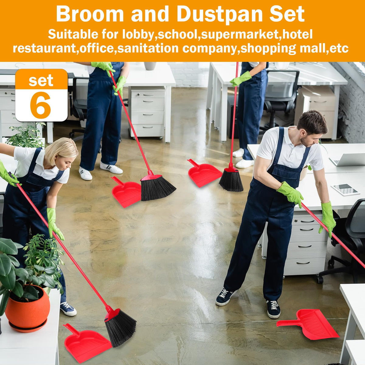 6 Pcs Broom and Dustpan Set 54 Inch Heavy Duty Indoor Brooms with Dust Pan Combo Bulk for Commercial Shop Angle Home Office Lobby Kitchen (6 Count)