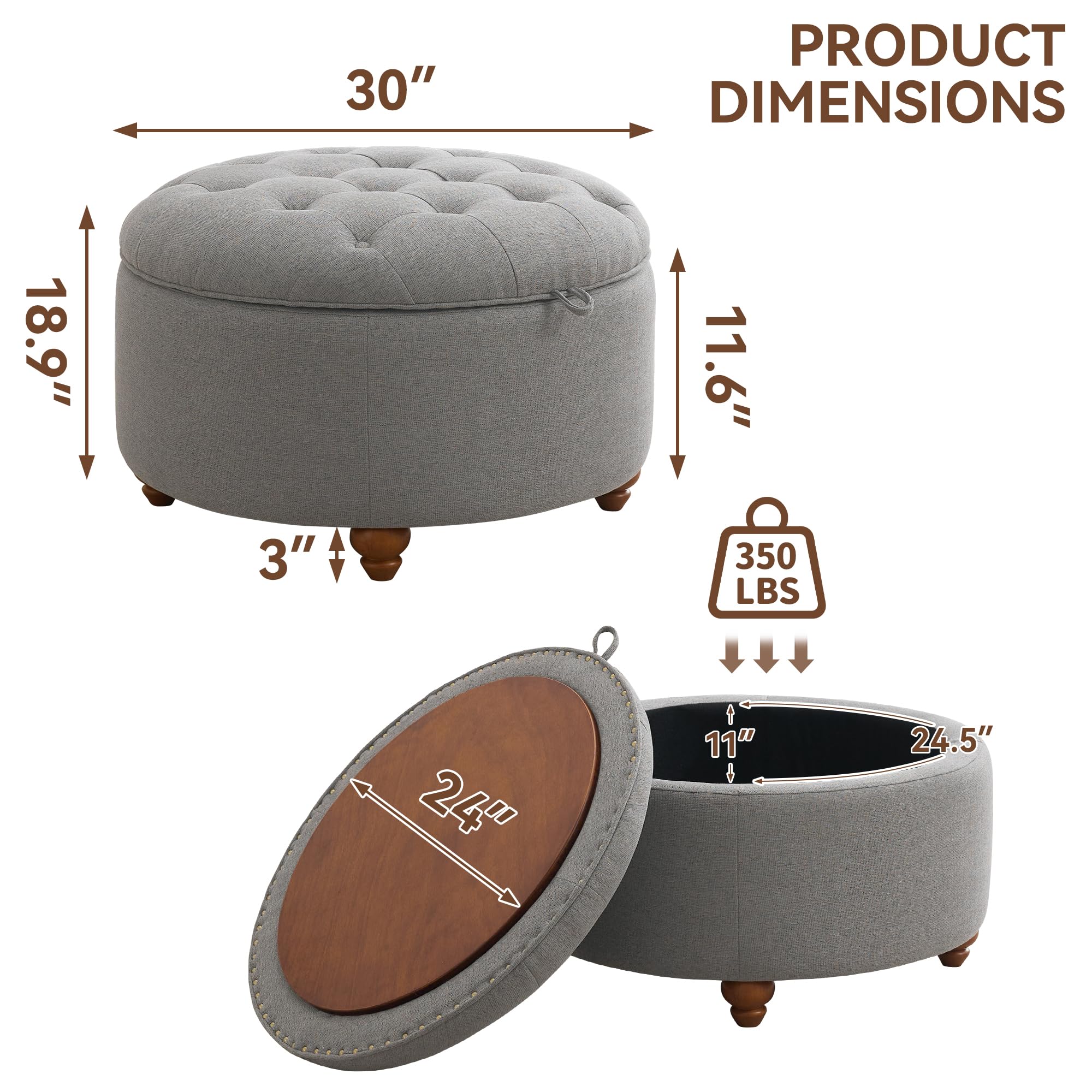 30Inch Round Storage Ottoman with Tray