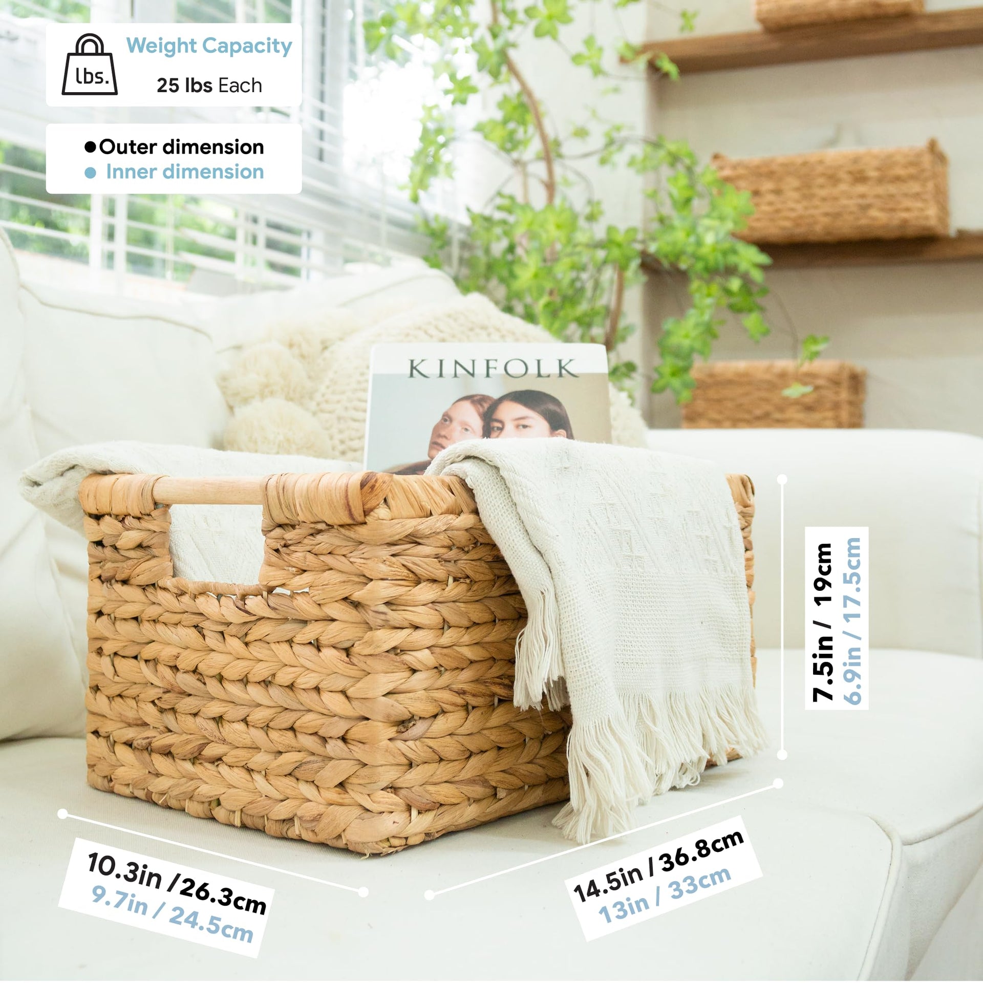 Large Rectangular Wicker Basket with Wooden Handles for Shelves and Storage