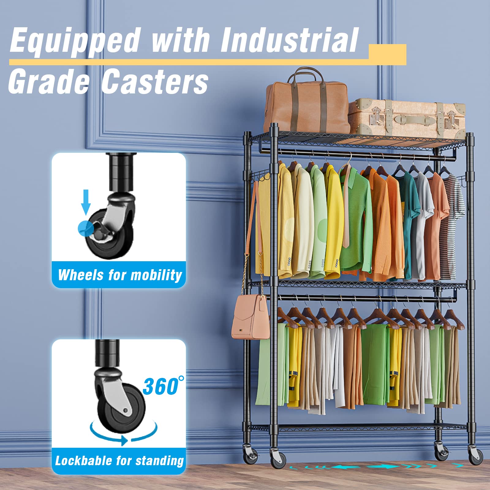 Rolling Garment Rack with Double Rod