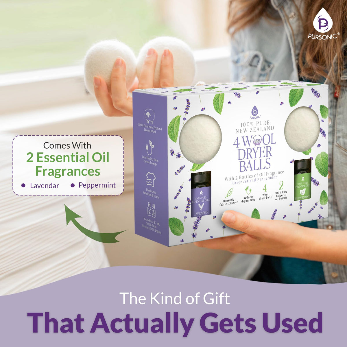 4 Pack Laundry Wool Dryer Balls with Lavender & Peppermint Essential Oil Scent (4 Count)