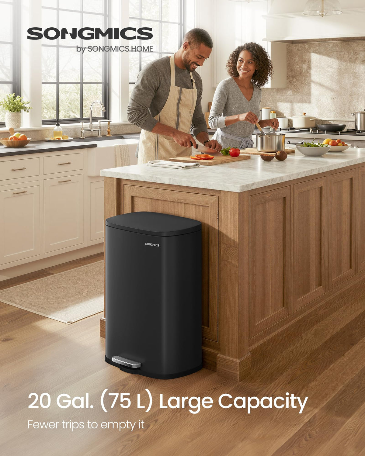 20-Gallon (75 L) Trash Can, Stainless Steel Kitchen Garbage Can, Recycling or Waste Bin, Soft Close, Step-On Pedal, Removable Inner Bucket, Black ULTB075BZ01
