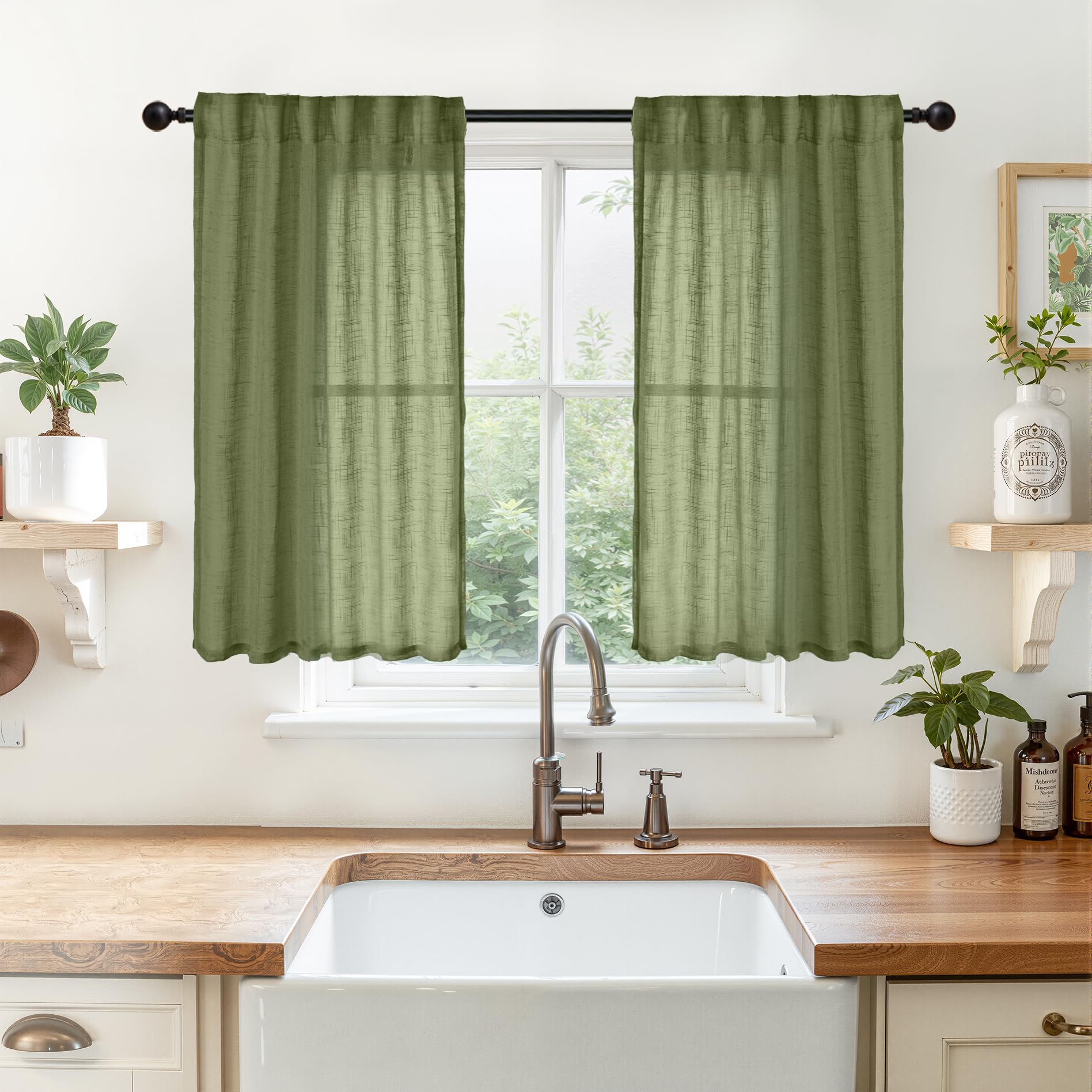 Olive Green Linen Semi Sheer Curtains 34X40 Inch Length for Kitchen Window (2 Count)